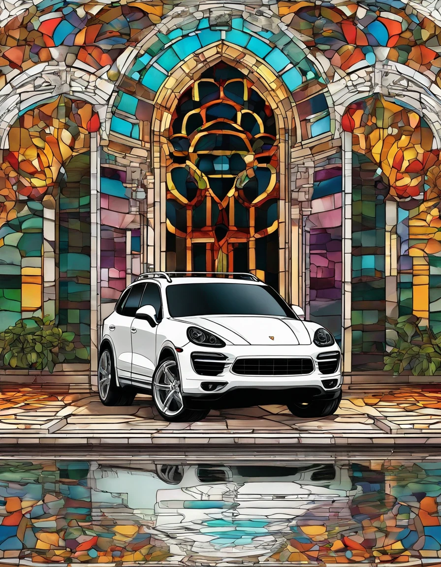 2014 (white)(Porsche Cayenne) out side by river, detailed retro-futuristic architecture