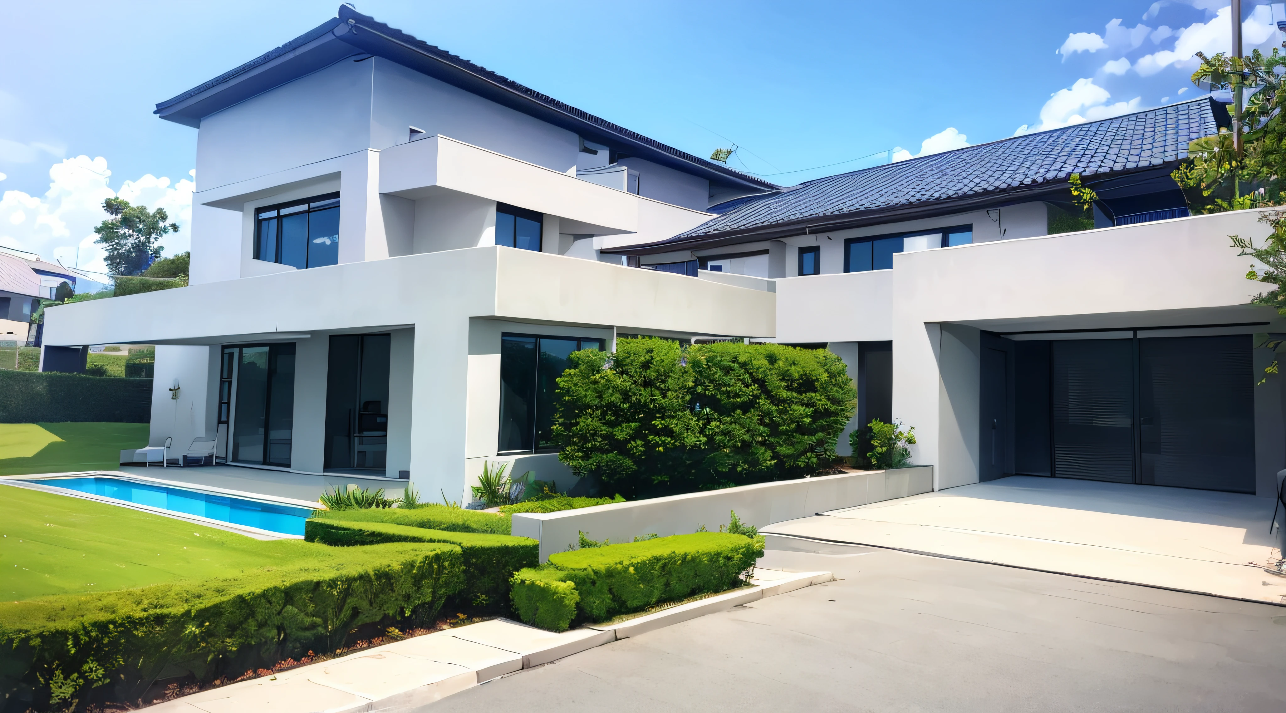 Exterior of beautiful modern house with solar panels on roof. Luxury villa with terrace and swimming pool Created