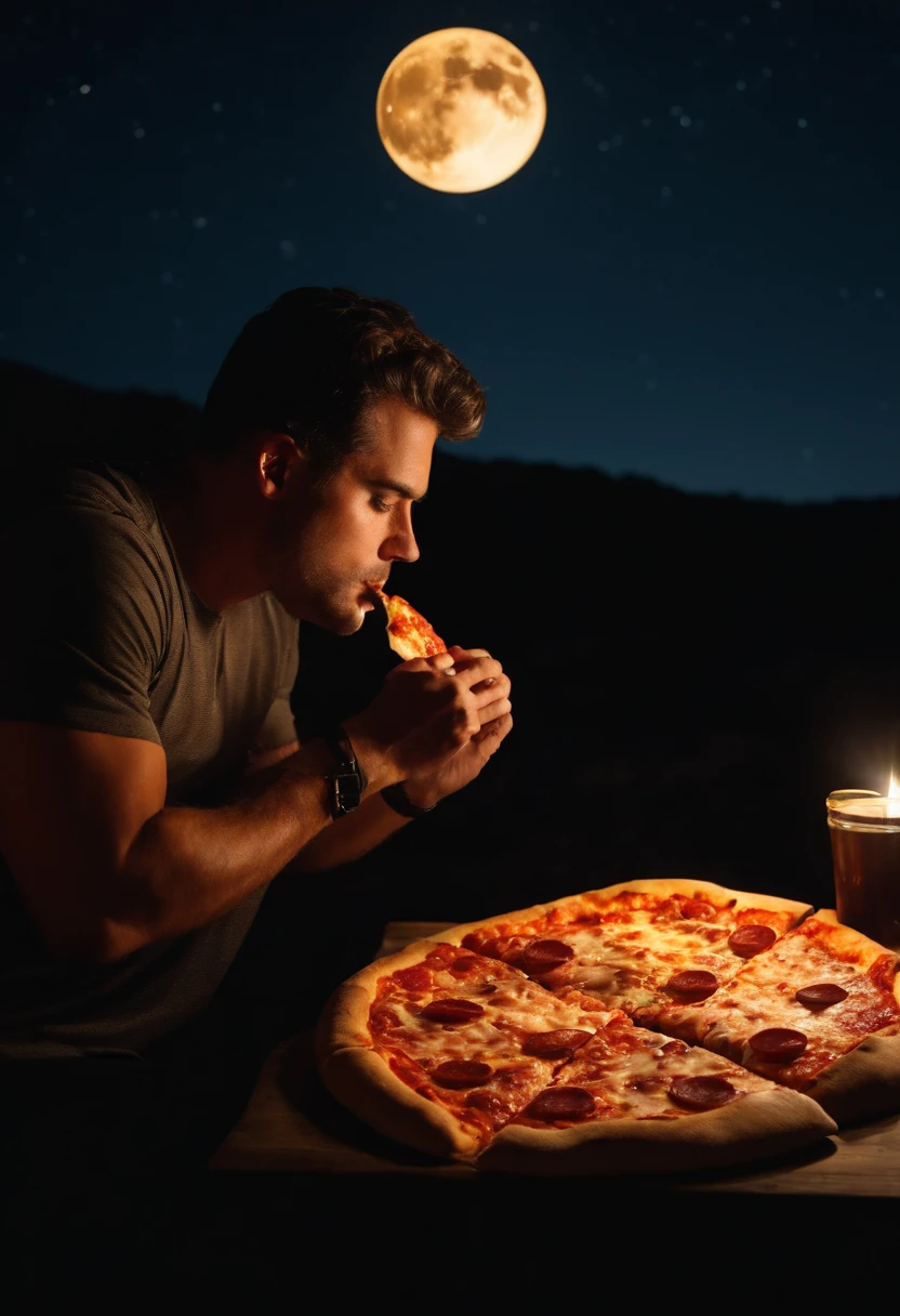 un hombre modelo comiendo pizza en la luna, hd, 4k, cannon, flashlight