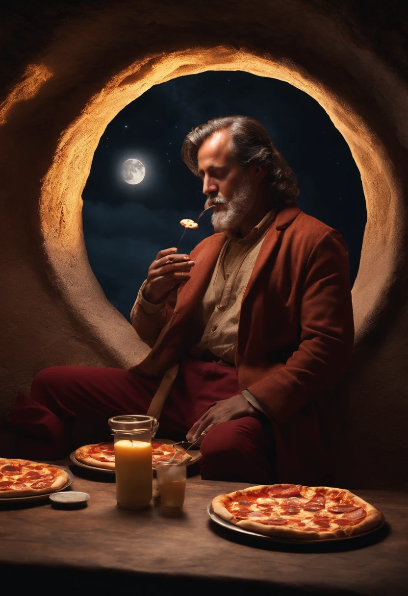 un hombre modelo comiendo pizza en la luna, hd, 4k, cannon, flashlight