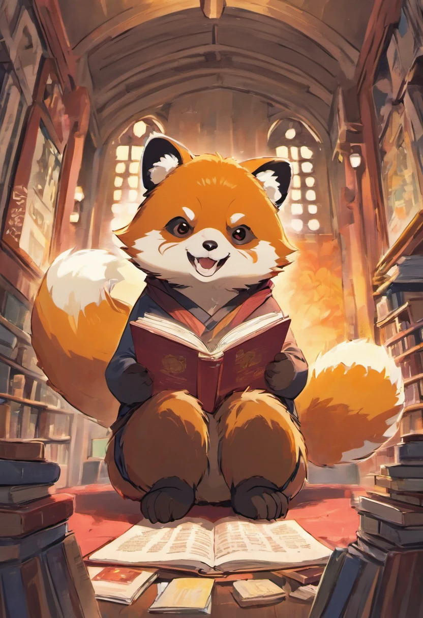 Wes Anderson style Red Panda, reading a book, super cute, by Kanō Tan'yū, highly detailed and colored, in the art style of ukiyo - e, inspired by utagawa kuniyoshi