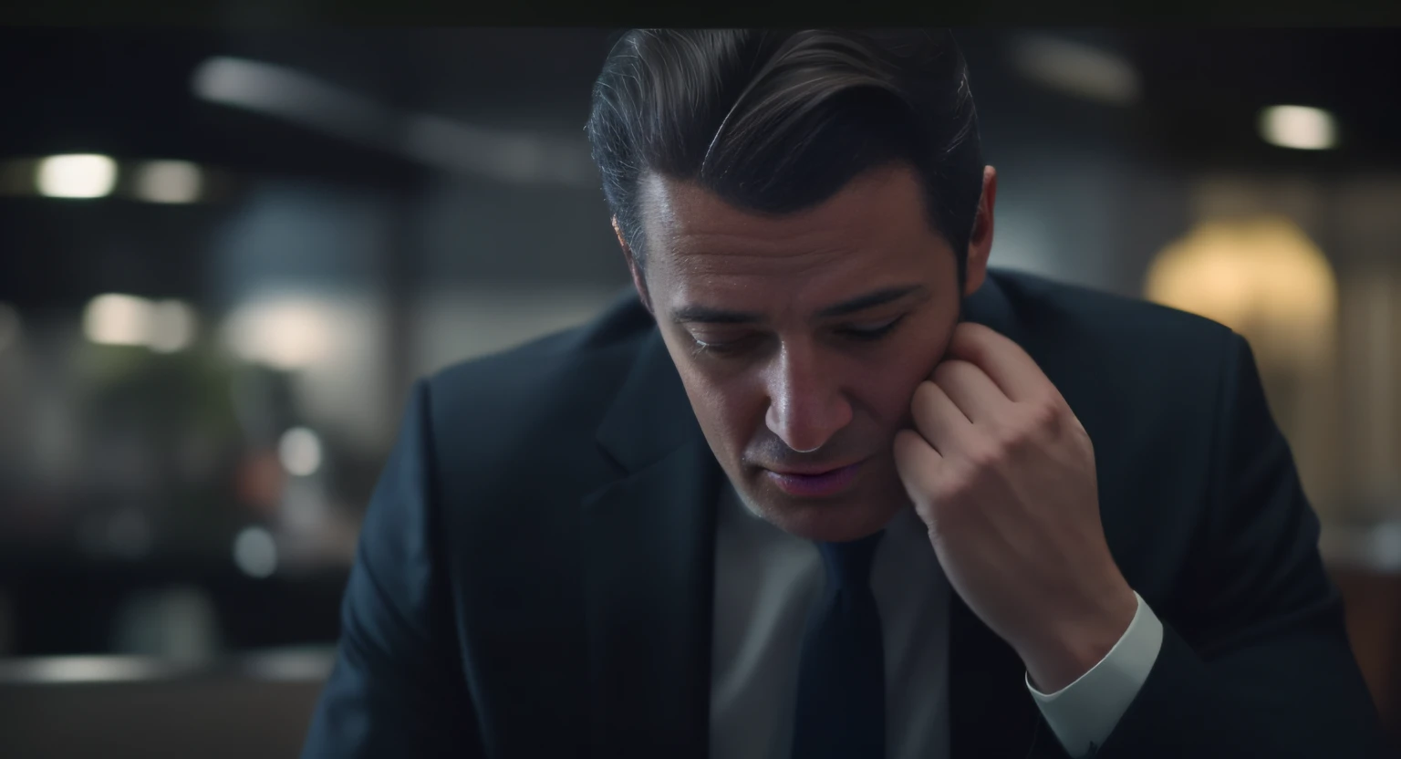 Man in suit and tie holding head in hands, Retrato VFX altamente detalhado, homem triste, Zelensky tendo uma birra, retrato vfx altamente detalhado de, youtube video screenshot, he has a devastated expression, Giga Chade chorando, renderização vfx hiperrealista, 2 0 2 1 cinematic 4 k framegrab, captura de tela de um filme
