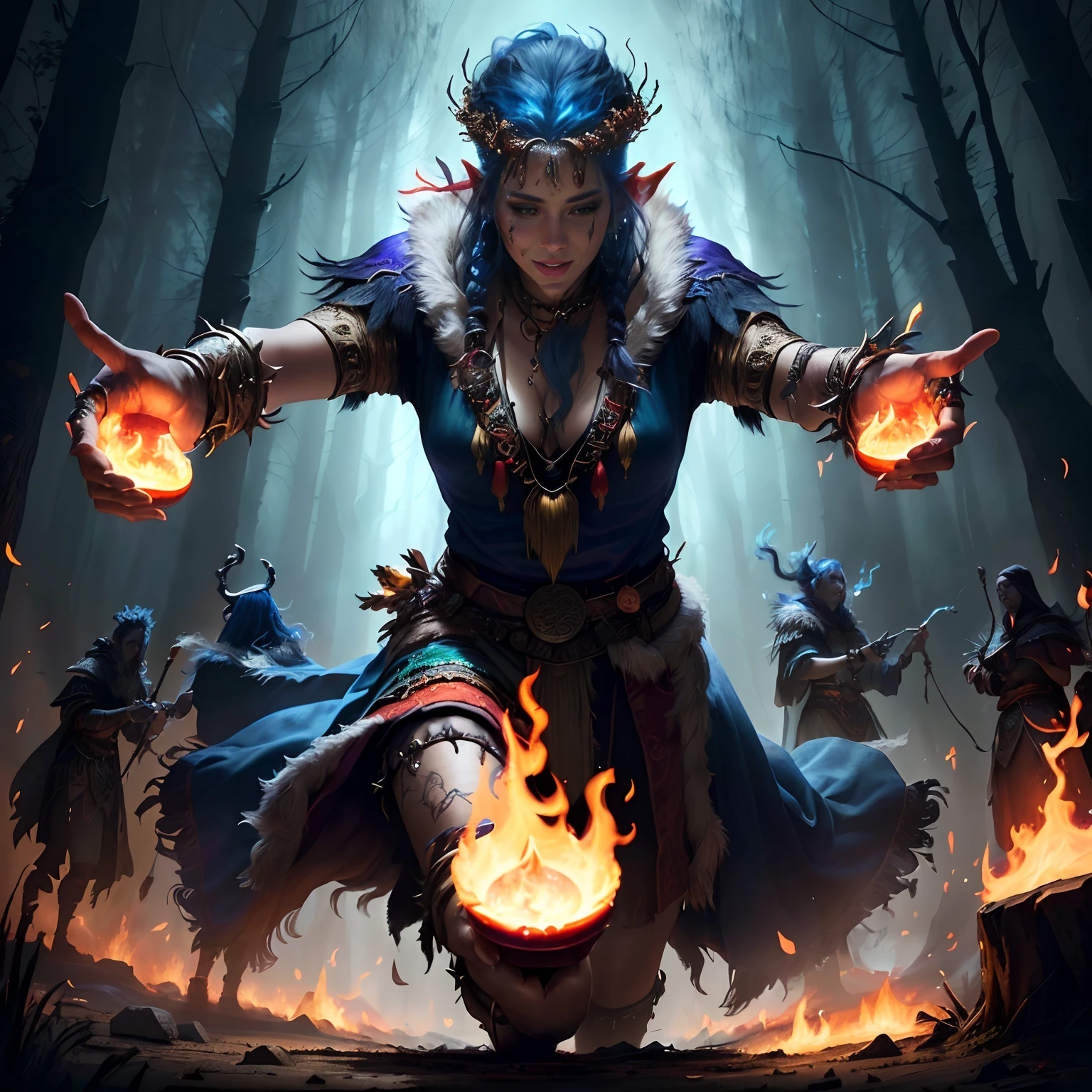 there is a man with a fire ball in his hand, female mage conjuring a spell, portrait of a forest mage, a sorcerer casting a fireball, fantasy card game art, an arcane wizard casting a spell, shaman witch, d&d trending on artstation, epic fantasy card game art, female troll shaman
