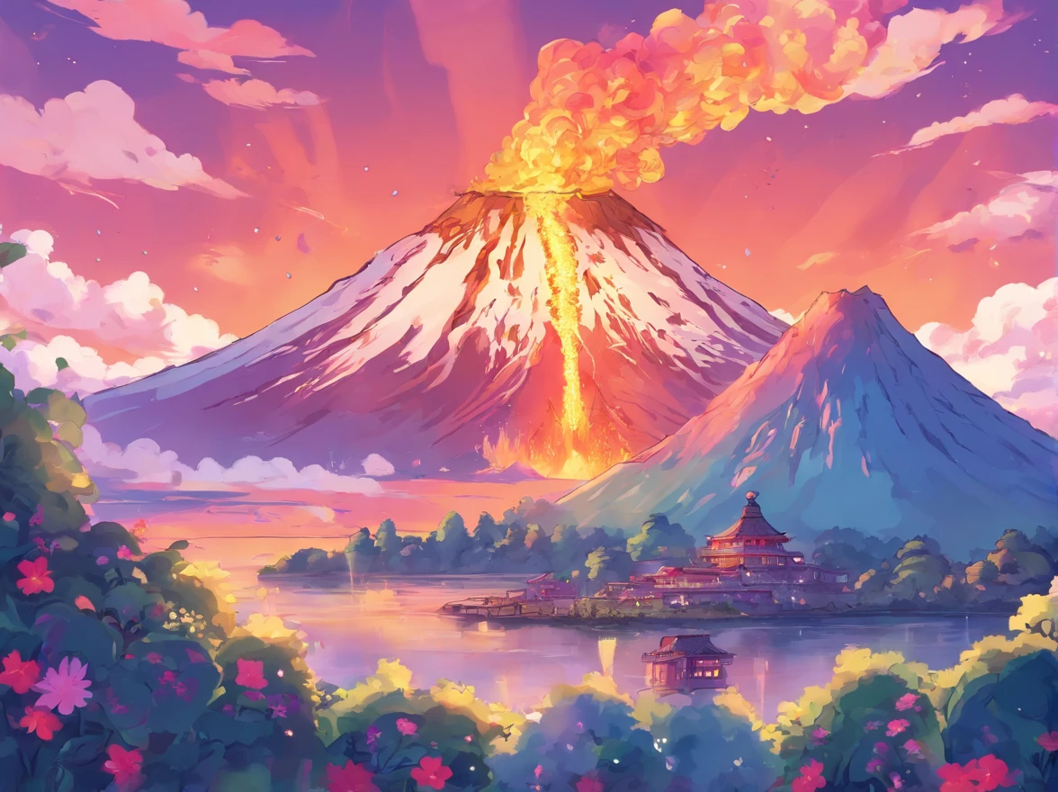 A blazing volcano with a fire，A boy looked at the volcano and was scared