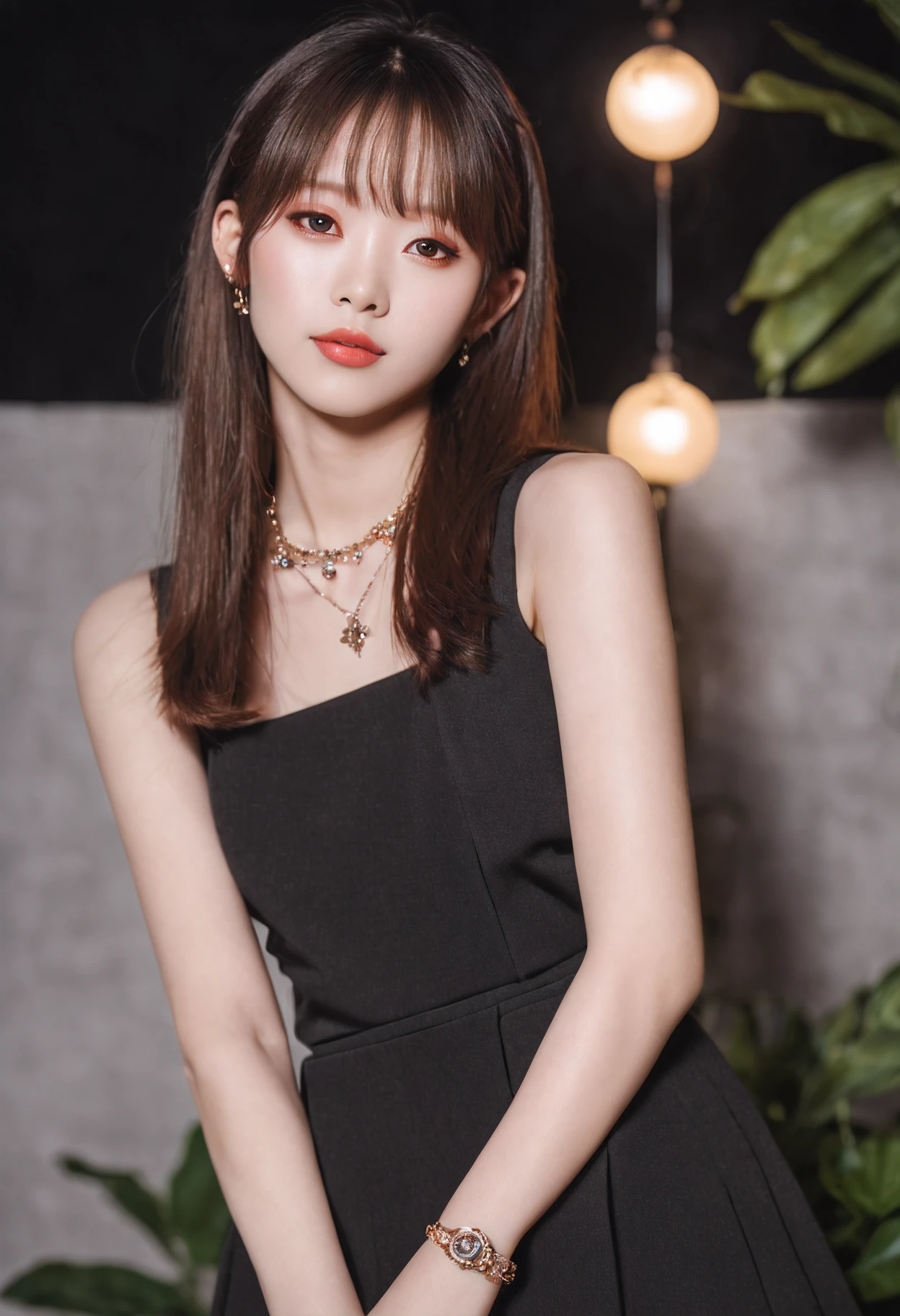 xxmixgirl,woman in a black dress posing for a picture, “uwu the prismatic person, kpop style colors, shot at night with studio lights, neck chains, inspired by Wang Yuanqi, brown hair with bangs, , streaming on twitch, plastic doll, lisa, glamorous angewoman digimon