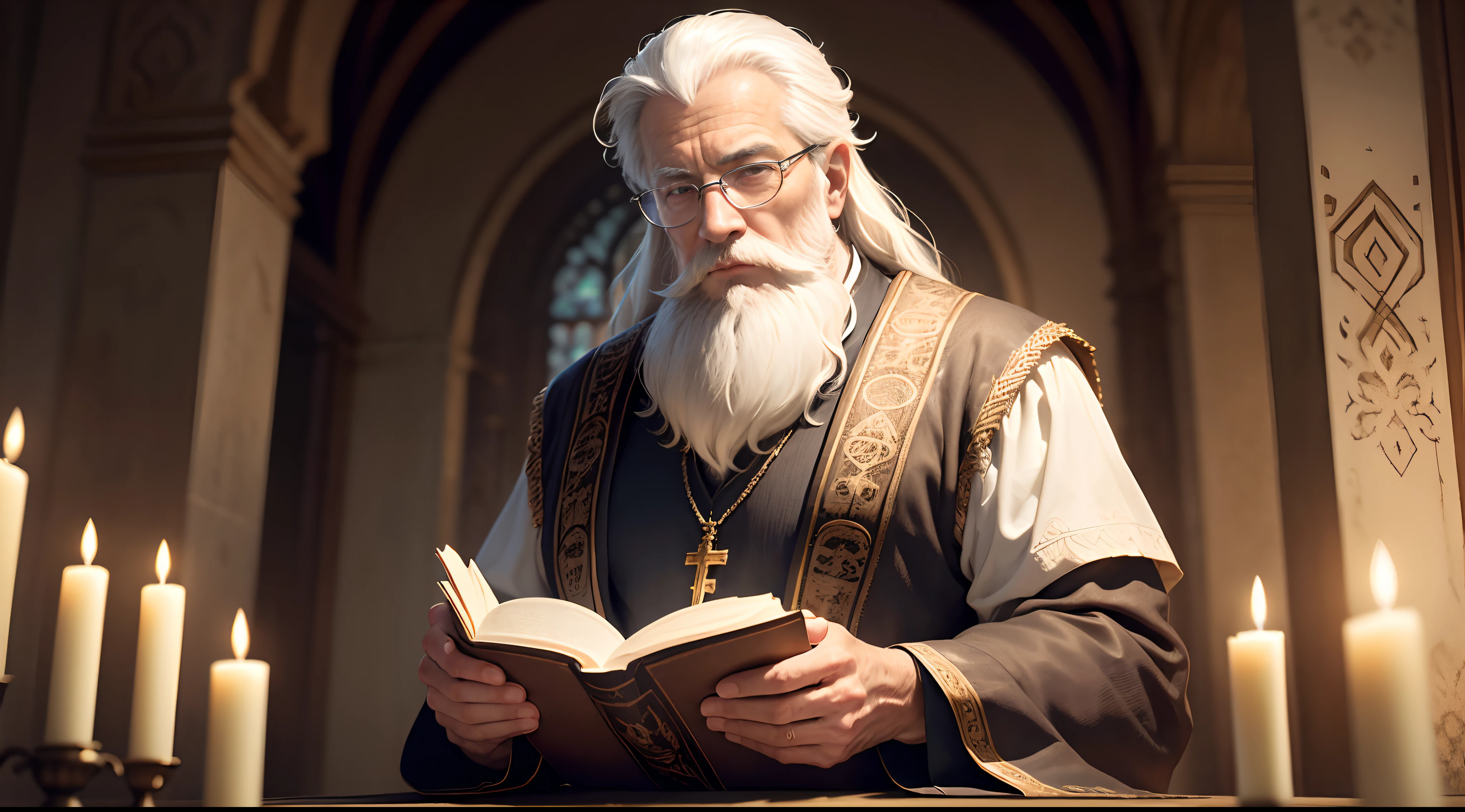Character description: The main character is a gentleman of approximately 70 years of age, with completely white hair that flows smoothly down to the shoulders. His beard is short and equally white, destacando-se contra a pele enrugada e cansada pelo tempo. His face bears the marks of wisdom and experience, with deep wrinkles that tell life stories. He wears small glasses with metal frame, that reflect the light of nearby candles. He's dressed simply....., with a navy blue wool sweater and beige linen pants. the hands, show signs of years of work and reflection. Description of the environment: The scenery is shrouded in a soft melancholy, creating an atmosphere of contemplation and serenity. The walls are lined with dark wood, com entalhes intrincados e detalhes dourados, evocando um toque de majestade e espiritualidade. no centro da imagem, A richly decorated wooden Christian cross is carefully lit by a series of candles arranged in an antique chandelier. The flames of the candles dance softly, Creating magical lighting and soft casting, sombras misteriosas nas paredes. Ao lado do senhor, there is a small wooden table adorned with carved details that supports an open Bible. The holy book is strategically positioned, Highlighting a verse the Lord is reading in your prayer. An aged leather cover protects the Bible and exudes a sense of veneration. The environment is tranquil and provides a deep sense of peace and contemplation, Create a sacred and reverent space perfect for the prayer of the elderly lord. The meticulous attention to detail and carefully lit atmosphere highlight the beauty and importance of this moment.