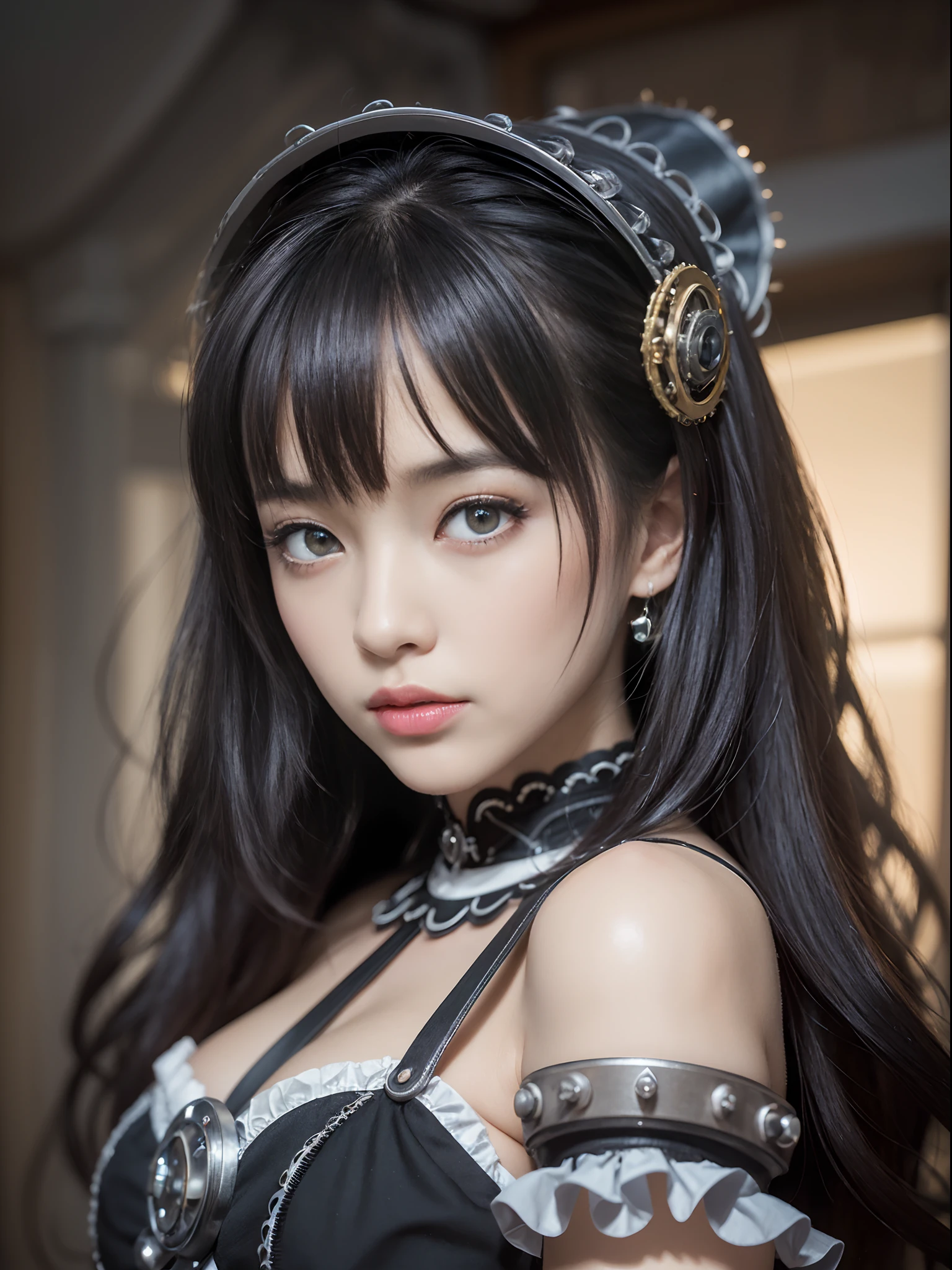 (((masutepiece, of the highest quality, super detailed))), (((( Very detailed face))), small thin nose, Small thin lips mouth, (((Very sharp focused eyes))), Very large slit precise pale grey eyes that shine like jewels. very long eyelashes, long black hair with black vertical curls,, thick bangs, Princess cut with vertical curls, (((Very decorative gothic ta fashion and、Embellished steampunk fashion encounter))), Very dramatic and cinematic lighting, (((Overall accuracy has been significantly improved, Create ultra-detailed, realistic and realistic images))), Dramatically proven, Create ultra-detailed and realistic images ))), nffsw (High dynamic range), Ray tracing, NVIDIA RTX, Super Resolution, Unreal 5, Subsurface scattering, PBR Texturing, Post-processing, Anisotropy Filtering, depth of fields, Maximum clarity and sharpness, Multilayer textures, Albedo and specular maps, Surface Shading, Precise Simulated Light Material Interactions, Perfect proportions, Octane Rendering, Two-tone lighting, Wide aperture, Low ISO, White Balance, thirds rule, 16K RAW,