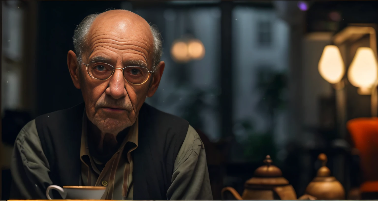 An old man sitting at a table with a cup of coffee, Leica 8K ainda de um filme A24, Retrato VFX altamente detalhado, O olhar de um idoso, cinematic portrayal, color photograph portrait 4k, Retrato 4k, foto retrato suave 8 k, Retrato tirado 8 K, foto do retrato de um homem velho, Cinematic realistic portrait