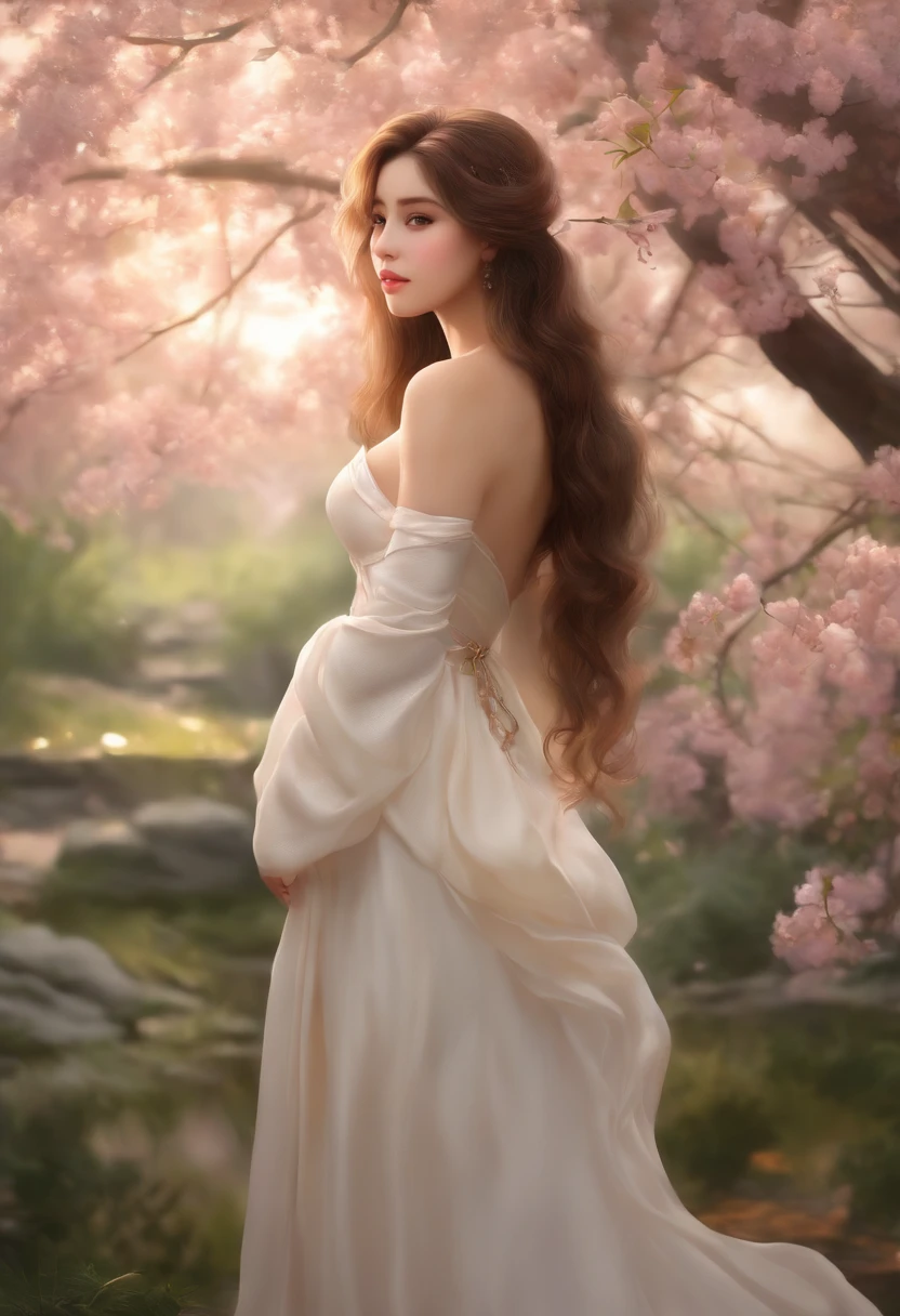 (best quality,ultra-detailed,realistic:1.37),anime,landscape,painting,soft colors,warm lighting,nude female character - fully detailed body,wide hips,curvy figure,long flowing hair,large expressive eyes,plump lips,gently blurred background,lush greenery,peaceful atmosphere,romantic setting,graceful pose,serene expression,harmonious composition,delicate brushstrokes,vibrant colors,charming and alluring,subtle sensuality,innocent yet captivating.