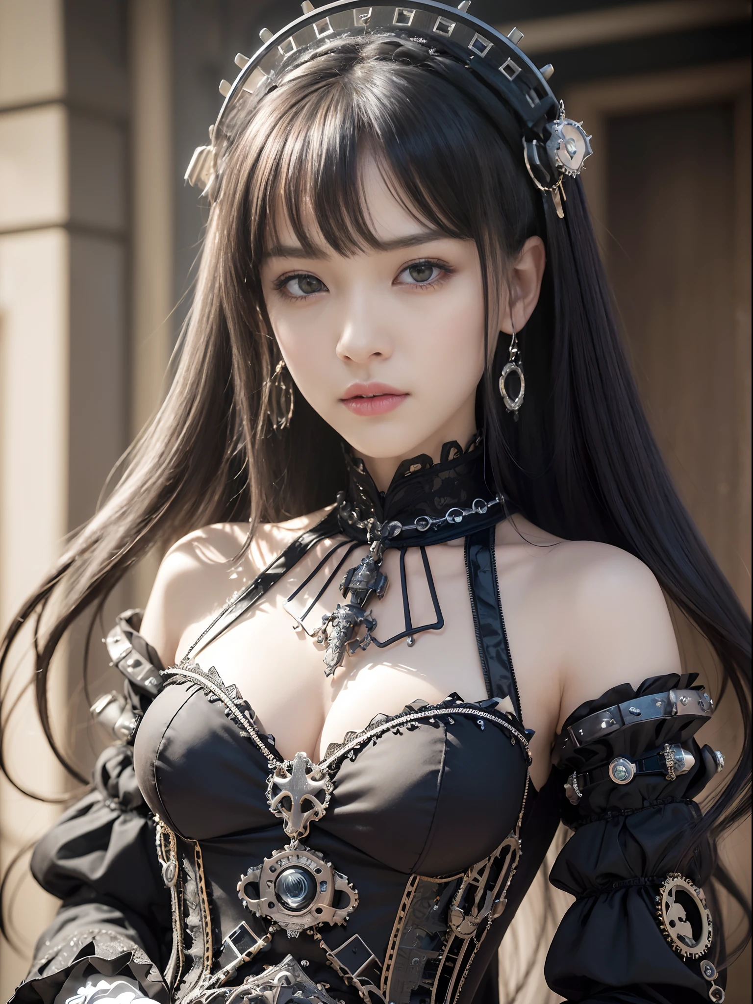 (((masutepiece, of the highest quality, super detailed))), (((( Very detailed face))), small thin nose, Small thin lips mouth, (((Very sharp focused eyes))), Very large slit precise pale grey eyes that shine like jewels. very long eyelashes, long black hair with black vertical curls,,, thick bangs, Princess cut with vertical curls, (((Very decorative gothic ta fashion and、Embellished steampunk fashion encounter))), Very dramatic and cinematic lighting, (((Overall accuracy has been significantly improved, Create super detailed, Realistic and realistic images))), Dramatically proven, Create ultra-detailed and realistic images ))), nffsw (High dynamic range), Ray tracing, NVIDIA RTX, Super Resolution, Unreal 5, Subsurface scattering, PBR Texturing, Post-processing, Anisotropy Filtering, depth of fields, Maximum clarity and sharpness, Multilayer textures, Albedo and specular maps, Surface Shading, Precise simulated light material interactions, Perfect proportions, Octane Rendering, Two-tone lighting, Wide aperture, Low ISO, White Balance, thirds rule, 16K RAW,