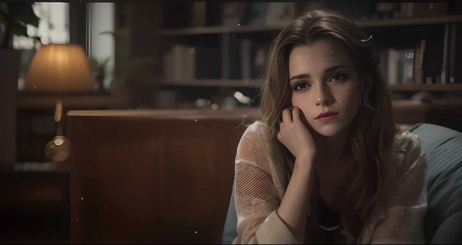 arafed woman sitting on a couch in a living room, captura de tela de um filme, filme ainda de um cansado, Ainda quadro de um filme, beautiful lonely girl, a still of an ethereal, foto retrato suave 8 k, Comercial de TV, ainda de um filme, Filmado do filme, still from a music video, Emma Watson com Ansiosa, imagem de alta qualidade