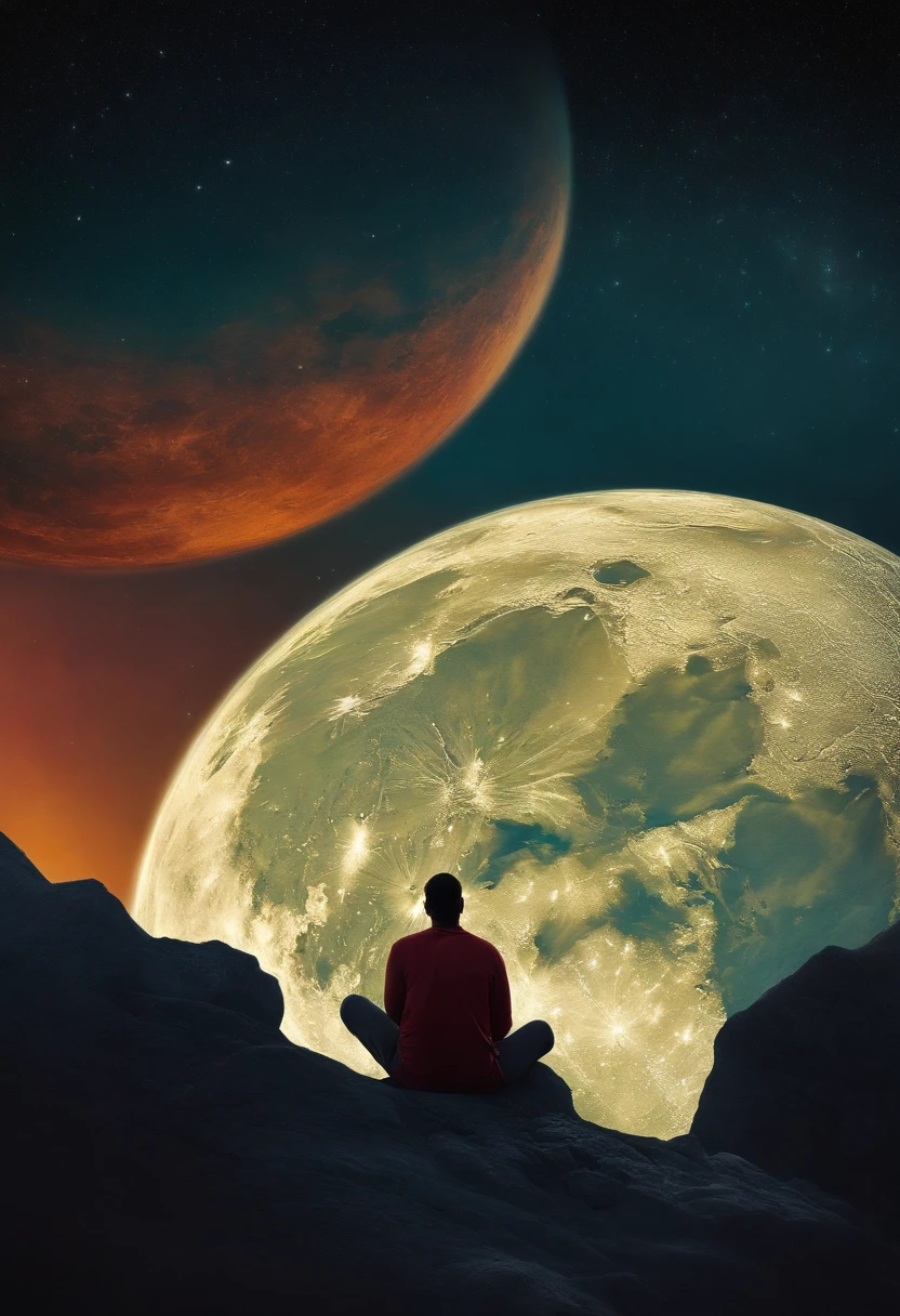 Hombre sentado en la luna mirando la tierra