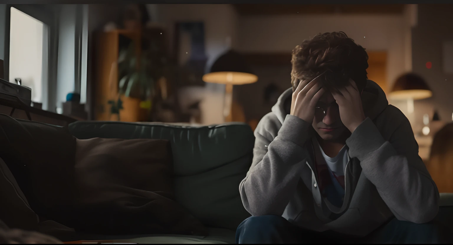 Man sitting on a sofa with hands on face, filme ainda de um cansado, How is depression, moody emotional cinematic, ansiedade enervante, homem triste, ambiente de ansiedade, Lutando, ainda de um filme live action, cinematic still, cinematic soft lighting, cinematic movie still, retrato do adolescente deprimido, ainda de um filme