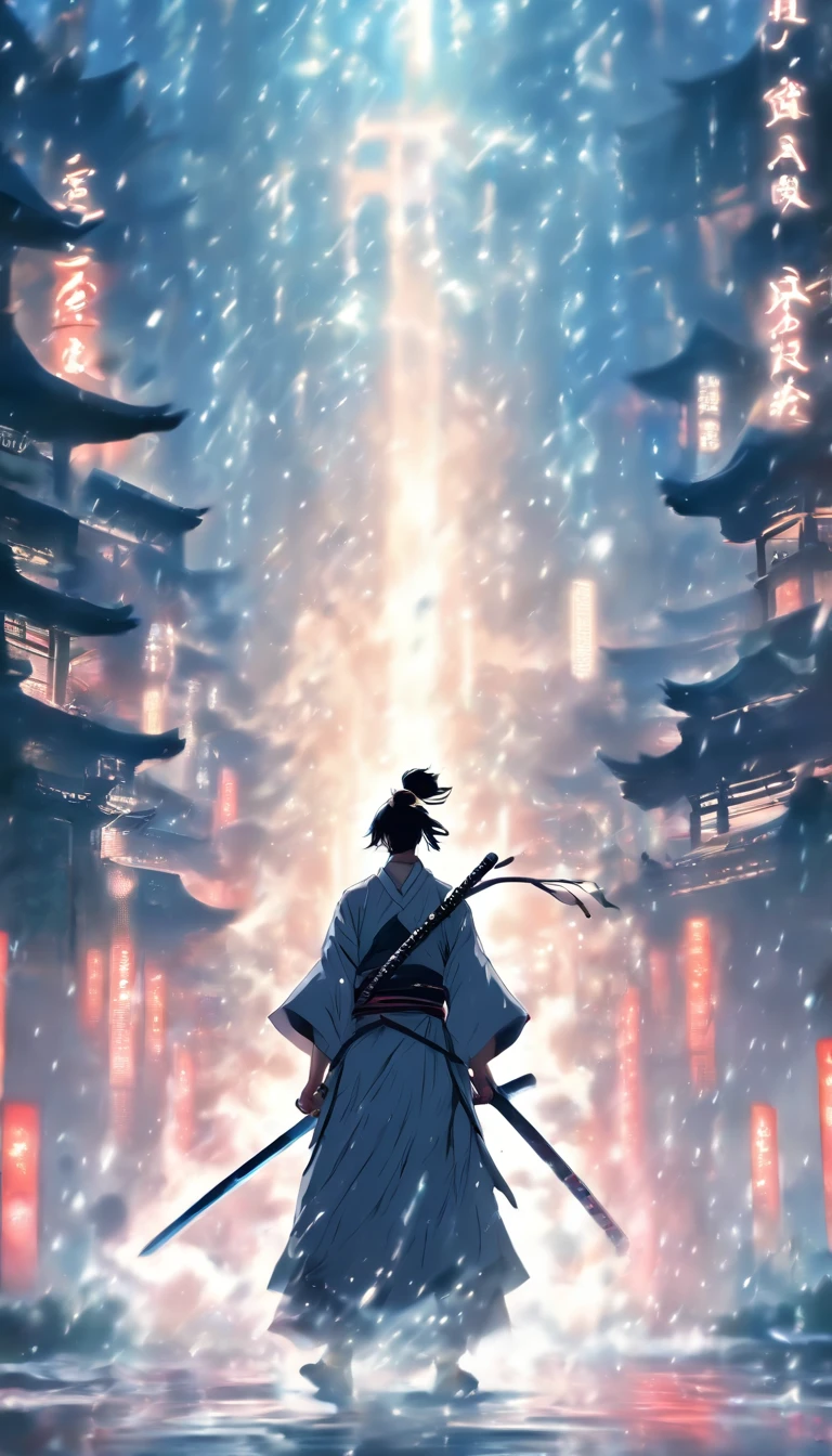((Masterpiece))，(Best quality))，Faraway view，There were twenty swords suspended in the air，Sword Rain，Young samurai，Infinite Sword System，Glow effects，Hyper-realistic，Ultra photo realsisim，Chinese black and white ink style，Black and white，Decolorization，Smudge，ink，8K，super-fine，high qulity，OC renderer