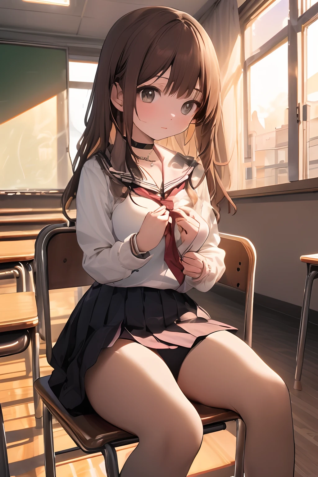 top-quality、A high resolution、ultra - detailed、tmasterpiece、RAW photography:2、hentail realism:2、Photorealsitic:2、Extremely Delicately Beautiful、finedetail、Textured skin、1girl in、jpn、 (Solo)、(Shoot upwards in the chest)、18-year-old schoolgirl、(Sit in a school chair by the window)、She's looking at this、Sunset falls、(Super beautiful girl:1.5)、(A detailed face)、adult face、Bare legs、Brown hair、(school uniform)、high-school、crass room、School desks and chairs,Lace skirt,pantiess,lacepantyhose,leg wide open,showing off panties,the setting sun,It can't be,choker necklace