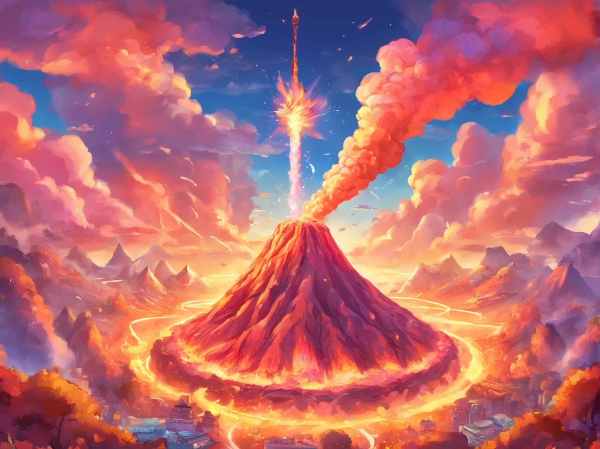 A blazing volcano braving fire，火焰，The boy turned his back to the blazing volcano