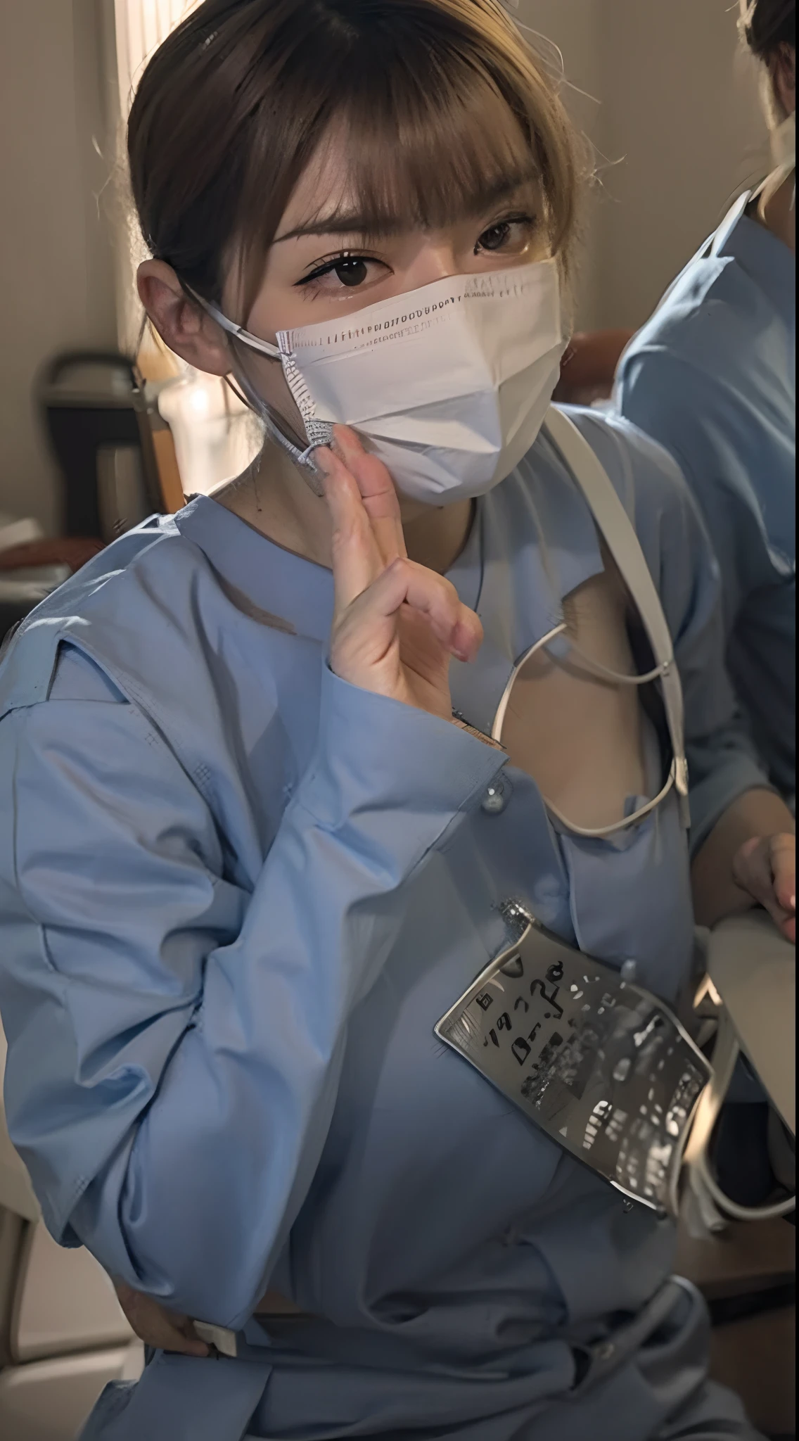 There are two women in scrub suits sitting on chairs, surgical mask covering mouth, wearing a mask, wearing a facemask, hand over mouth, special, close-up!!!!!!, Give the middle finger, with index finger, Wearing a mask, Put hand on cheek, [ gros-plan ]!!, masking, chiho, medical mask, color photograph, close-up!!!!!