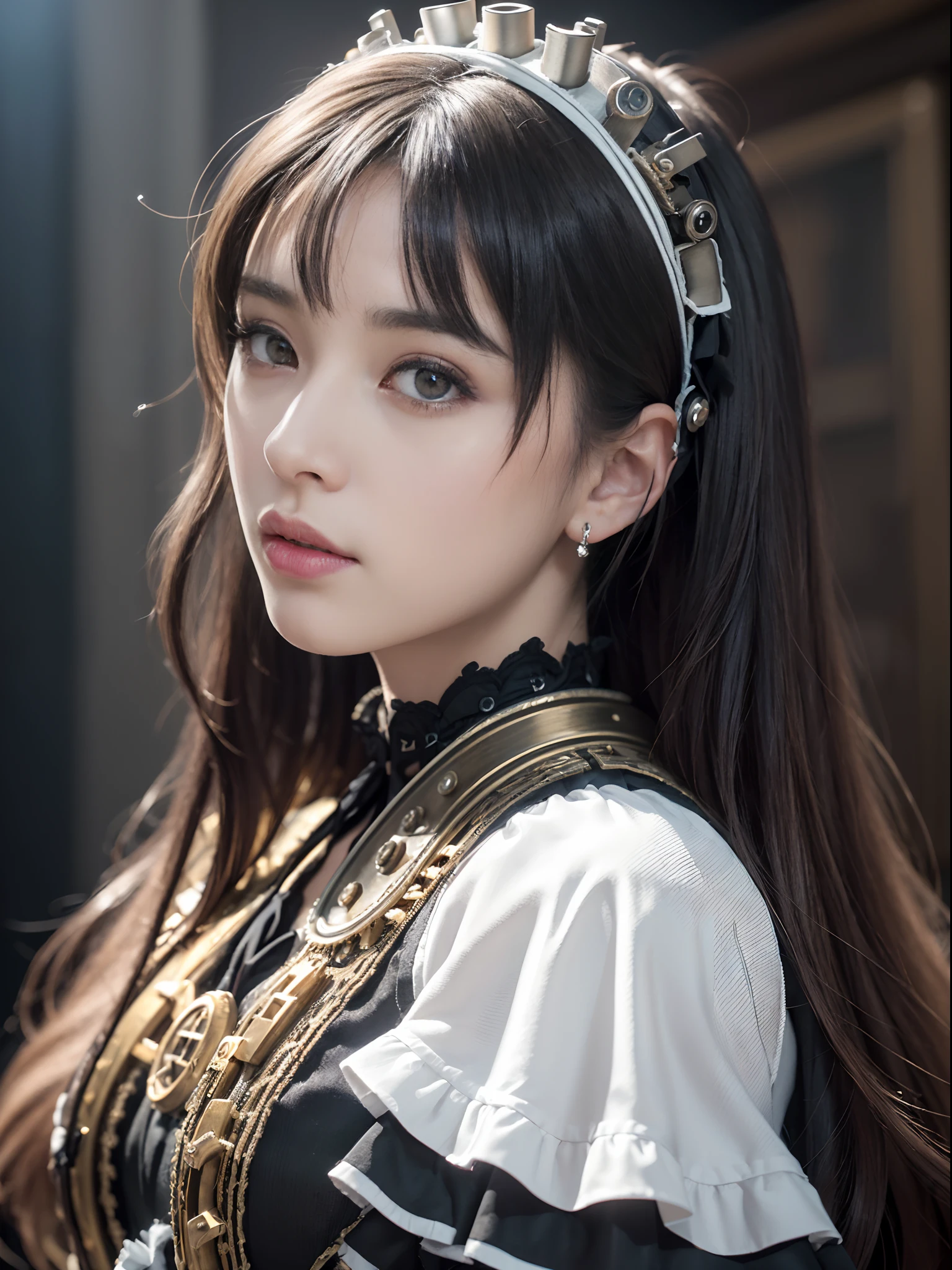 (((masutepiece, of the highest quality, super detailed))), (((( Very detailed face))), small thin nose, Small thin lips mouth, (((Very sharp focused eyes))), Very large slit precise pale grey eyes that shine like jewels. very long eyelashes, long black hair with black vertical curls,,,, thick bangs, Princess cut with vertical curls, (((Very decorative gothic Lolita fashion and、Embellished steampunk fashion encounter))), Very dramatic and cinematic lighting, (((Overall accuracy has been significantly improved, Create super detailed, Realistic and realistic images))), Dramatically proven, Create ultra-detailed and realistic images ))), nffsw (High dynamic range), Ray tracing, NVIDIA RTX, Super Resolution, Unreal 5, Subsurface scattering, PBR Texturing, Post-processing, Anisotropy Filtering, depth of fields, Maximum clarity and sharpness, Multilayer textures, Albedo and specular maps, Surface Shading, Precise simulated light material interactions, Perfect proportions, Octane Rendering, Two-tone lighting, Wide aperture, Low ISO, White Balance, thirds rule, 16K RAW,