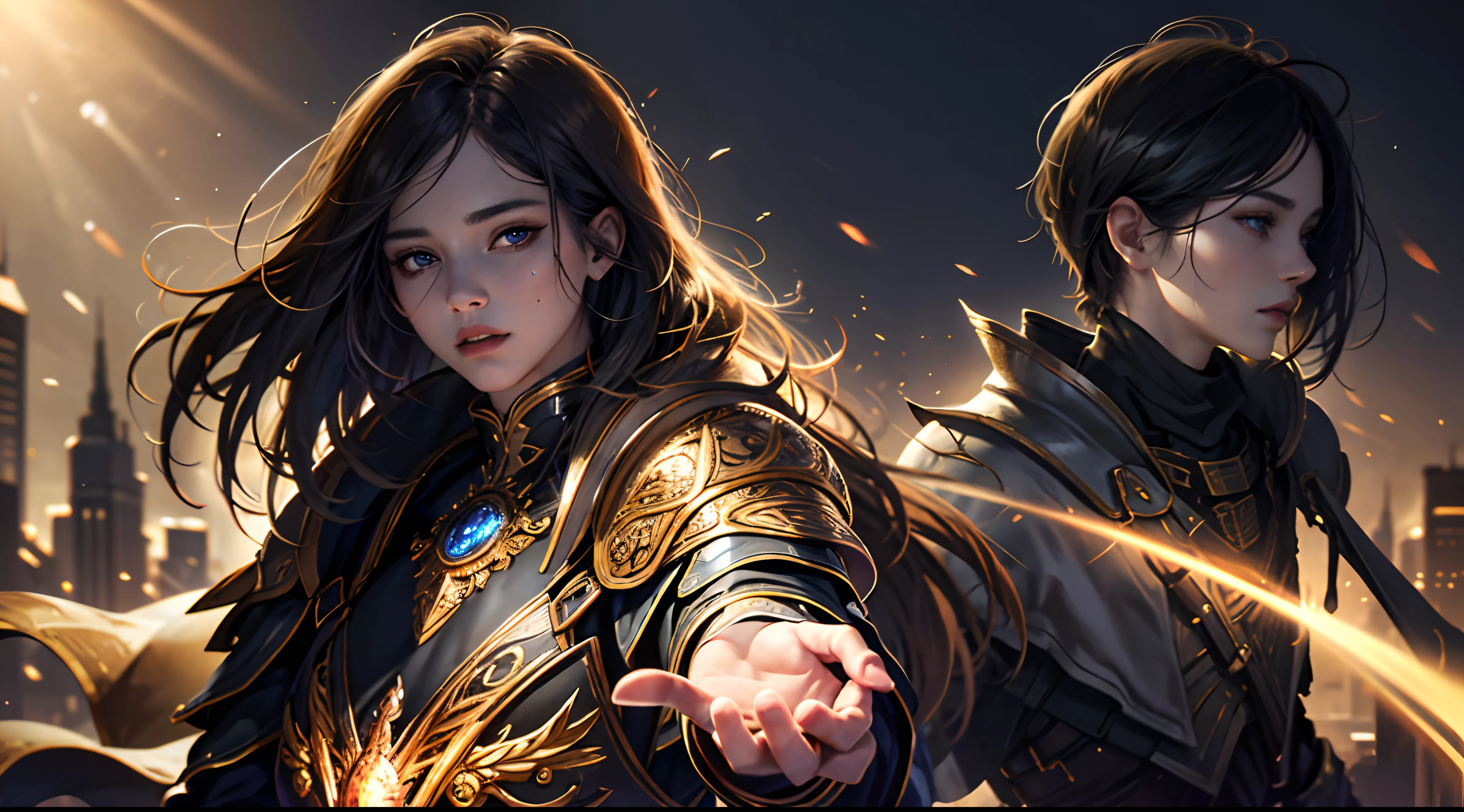 official art, unity 8k wallpaper, ultra detailed, masterpiece, best quality, 1 woman, (extremely detailed), dynamic angle, Mysterious expression, fire sparkle effect, fantasy background, rim lighting, side lighting, cinematic light, ultra high res, 8k uhd, film grain,best shadow, delicate, RAW, light particles, detailed skin texture, detailed armor texture, detailed face, intricate details, ultra detailed, bright, (realistic), ((black hair)), very glowing blue eyes, curvy