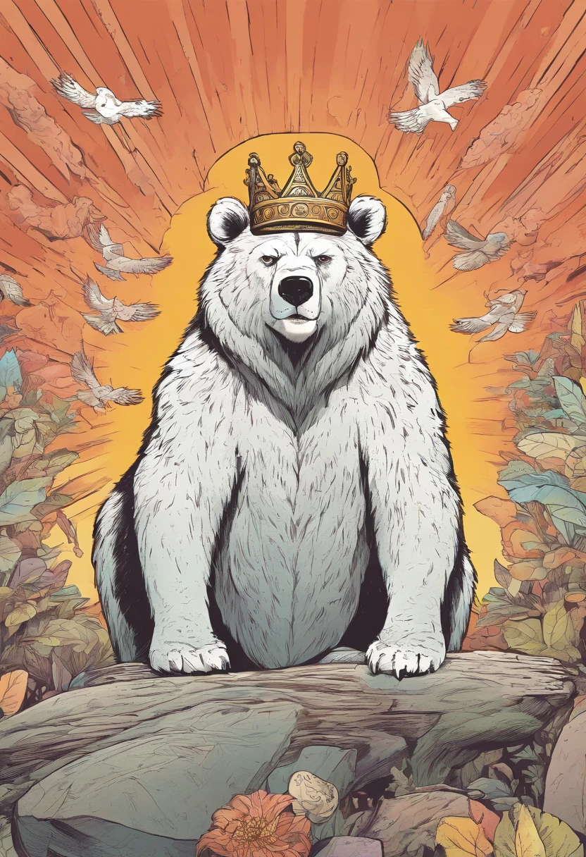 drawing of a bear that has special powers and a scar on its chest, and that has a crown and a lion on its head