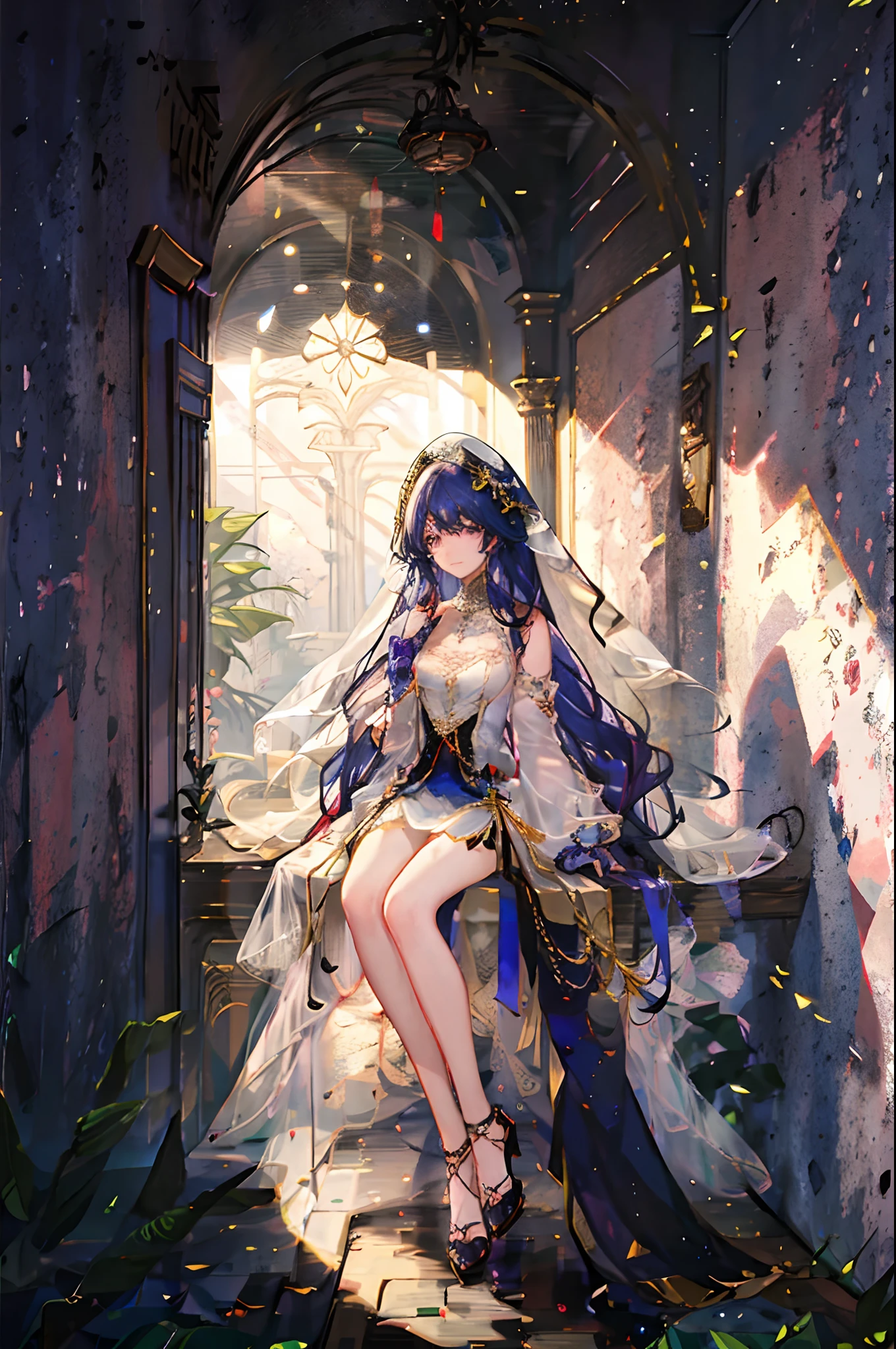 Masterpiece, dreamlike art, 8k, best quality, 1 girl, solo, veil, goddess of the void, celestial body, sparkling violet hair, dark multicoloured hair, wavy long hair with tubes, divine demeanor, smirk, gorgeous girl, young lady, sleeveless showy starry tunic, cute hair accessories, lots of hair accessories fit of a goddess, barefoot, detailed cool legwear, gold headwear