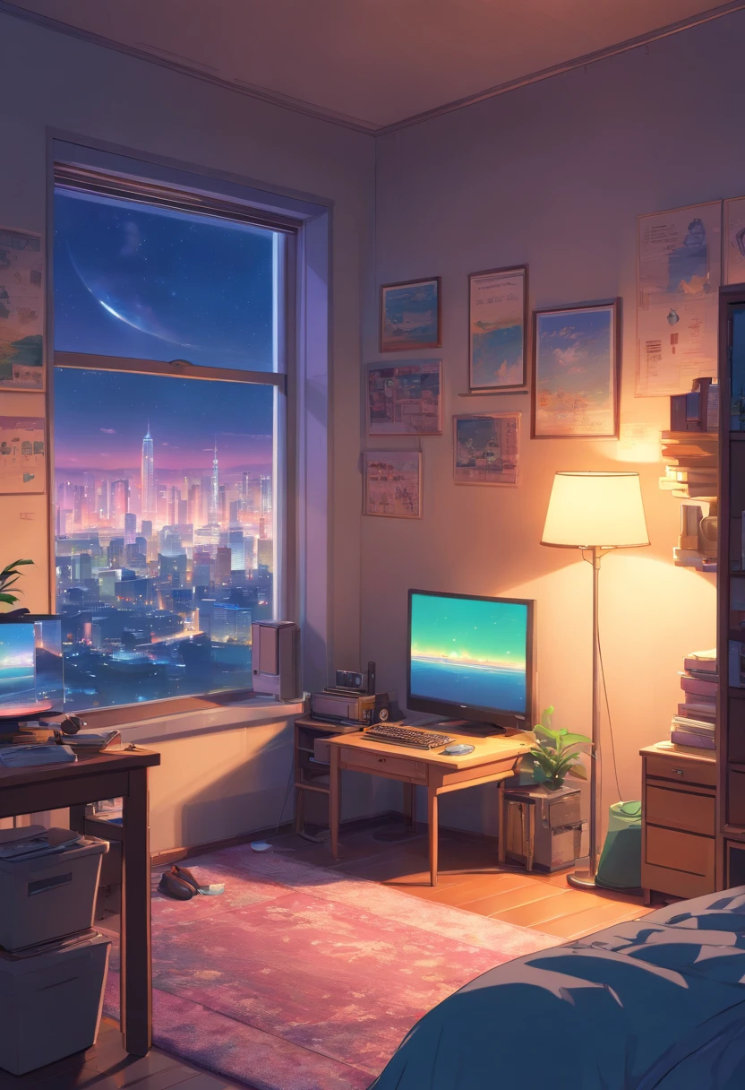 3d animation cinematic still of a cozy room, big windows with city view at night, crested moon, melancholic, sad vibes, bed is unmade, computer desk, cluttered with the mismatched furniture, The otaku style posters on the walls and the guitar in the corner,in style of Pixar, Disney, vaporwave