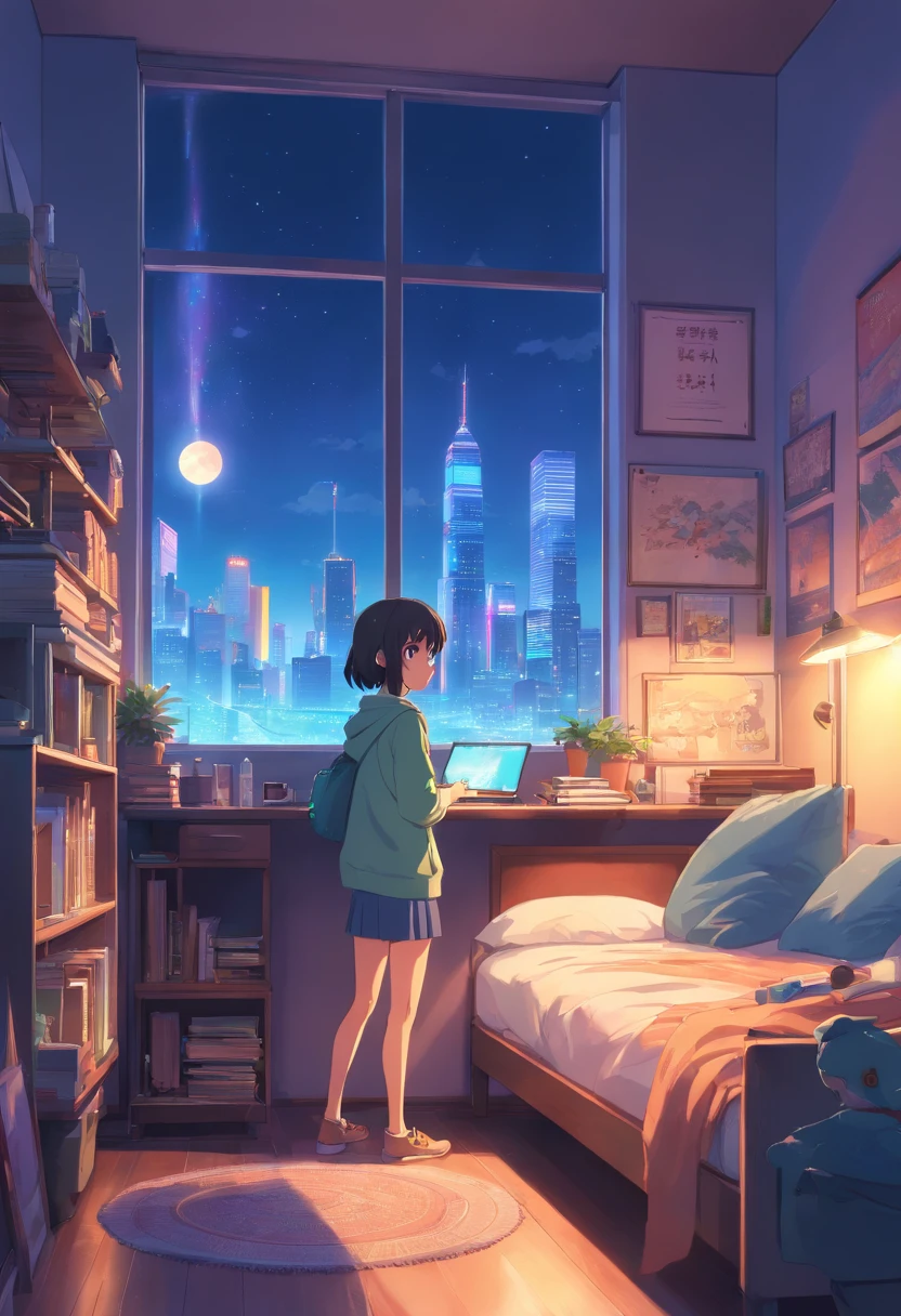 3d animation cinematic still of a cozy room, big windows with city view at night, crested moon, melancholic, sad vibes, bed is unmade, computer desk, cluttered with the mismatched furniture, The otaku style posters on the walls and the guitar in the corner,in style of Pixar, Disney, vaporwave