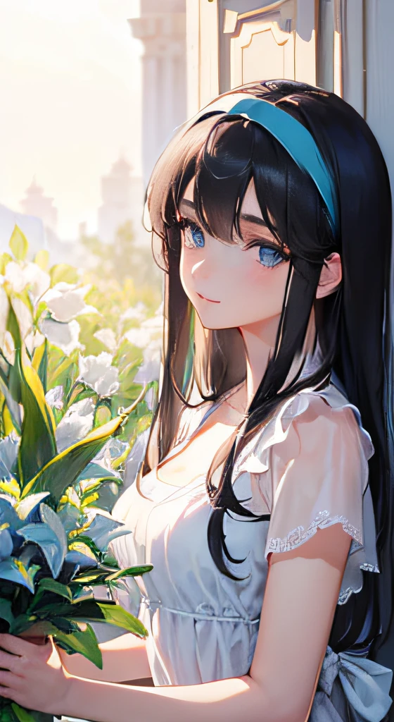 (Best work),(Highest quality),((Smooth long hair,:1.3)),((The long-haired:1.3)),(Black hair),((All wearing white dresses)),(((I have a headband in my hair:1.3))), Attractive big eyes,超A high resolution, Sharp Focus, Warm pastel tones,Renaissance dresses, ((1 woman, Solo)), Upper body, Lie in a comfortable bed, Colorful short pajama front profile shot, beautiful detailed hair,  View Weiwer,Jet-black hair rolls down, beautifull detailed face, Blue eyes, Comfortable face, Perfect feminine face, Looking at the viewer, Smiles, In the meadow of lilies flowers, Pick up flowers for viewers, (In the morning hours:1.2), Goddess In the wardrobe of Greece