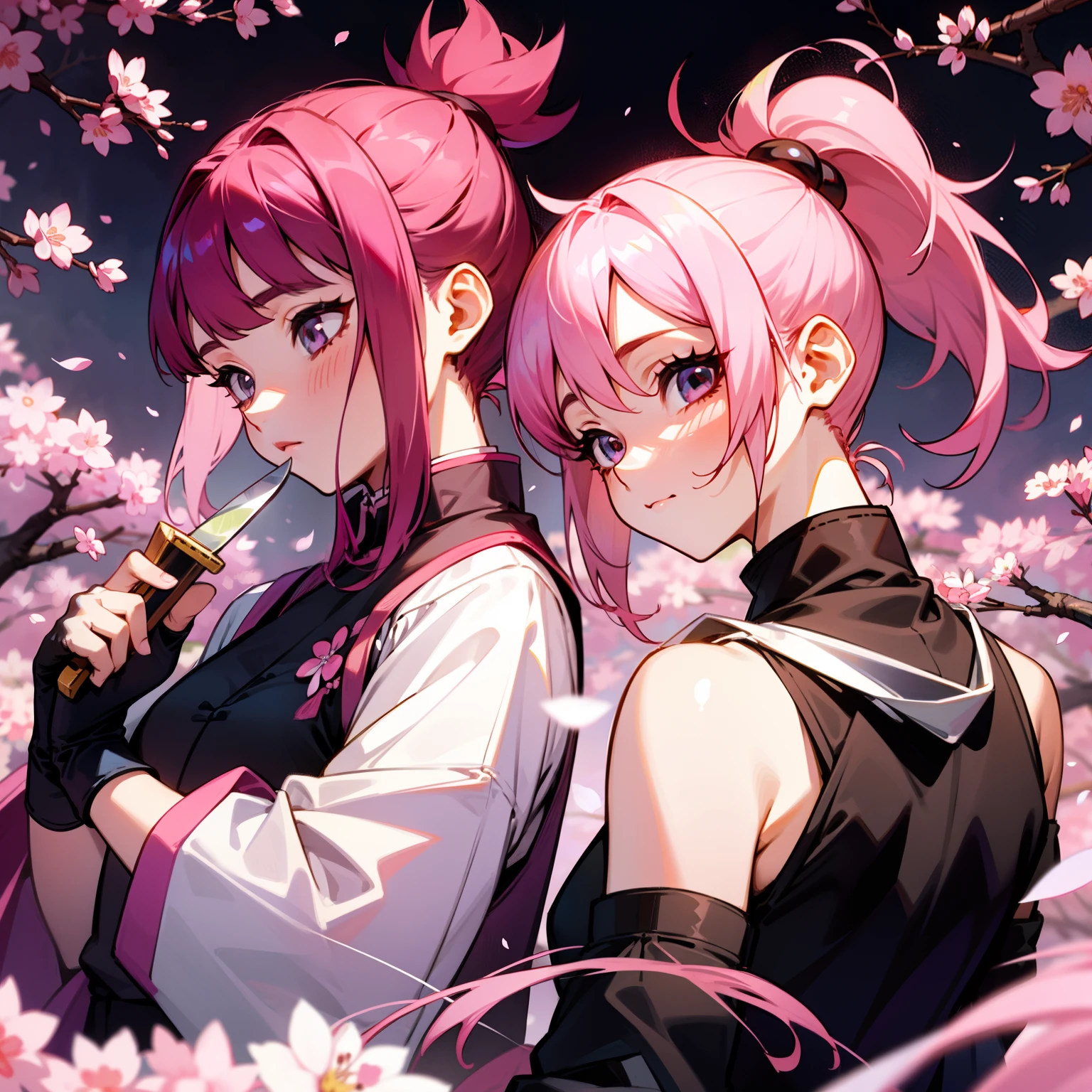 Sakura and hinata from naruto,hair tied up in a pony tail,A pink-haired,Wearing a Chinese cheongsam,Black pink and white,murderess,back to look back,With a knife in his hand,The blade glows,Two-dimensional models,Stand in the middle of the cherry blossom forest,sakura flowers falling,The road is covered with cherry blossoms,the night,Moon,Wear black five-fingered gloves,Holding a knife