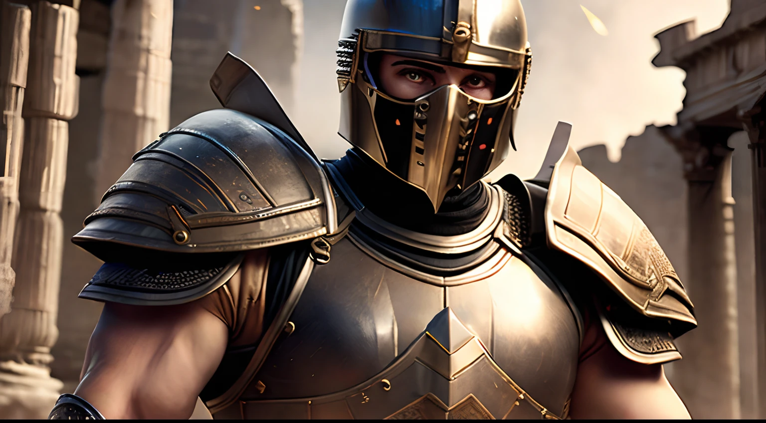 (best quality, ultra-detailed, realistic:1.37), helmeted, young male wearing gladiator armor, chest plate, with mask and glowing eyes, textured armor, ancient Rome, heroic stance, strong muscles, dramatic lighting, battle-ready, sword in hand, confident expression, intense gaze, dusty arena, ancient ruins, sparks flying, epic battle scene