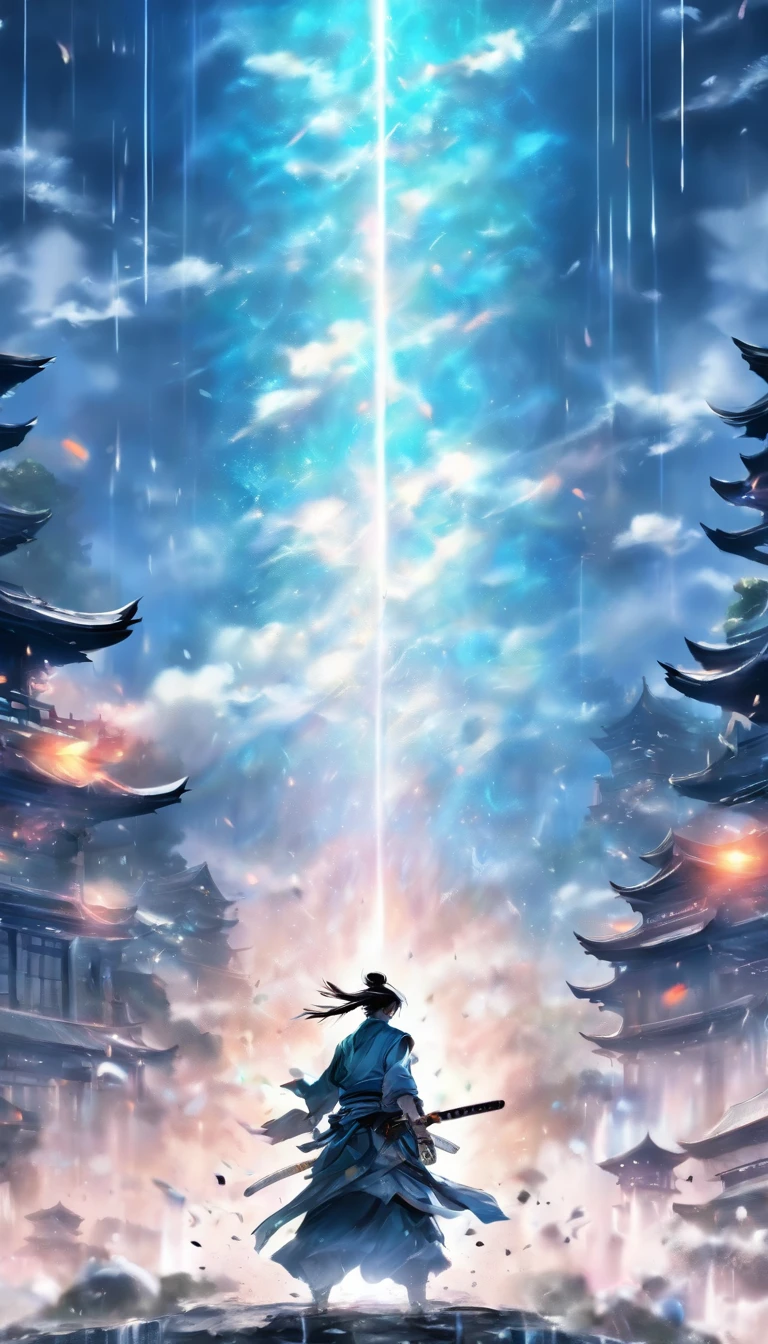 ((Masterpiece)),(Best quality)),Faraway view,There were twenty swords suspended in the air,Sword Rain,Young samurai,Infinite Sword System,Glow effects,Hyper-realistic,Ultra photo realsisim,Chinese black and white ink style,Black and white,Decolorization,Smudge,ink,8K,super-fine,high qulity,OC renderer