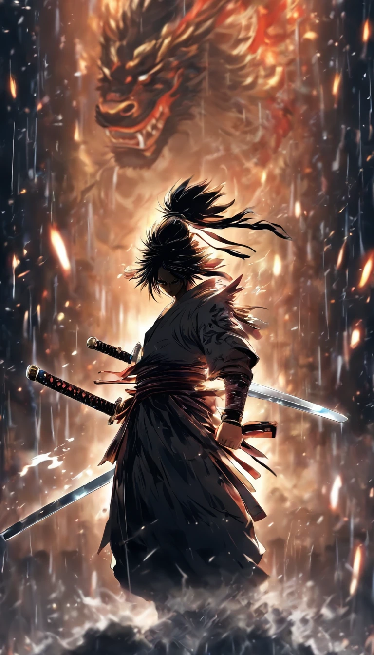 ((Masterpiece)),(Best quality)),Faraway view,There were twenty swords suspended in the air,Sword Rain,Young samurai,Infinite Sword System,Glow effects,Hyper-realistic,Ultra photo realsisim,Chinese black and white ink style,Black and white,Decolorization,Smudge,ink,8K,super-fine,high qulity,OC renderer