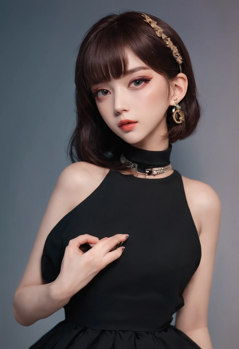 xxmixgirl,Woman in black poses for photo, "uwu prism man, Kpop style colors, Shoot at night with studio lights, Neck chain, Inspired by Wang Yuanqi, Brown hair with bang, , Streaming on Twitch, Plastic Doll, Lisa, Charming female Digimon