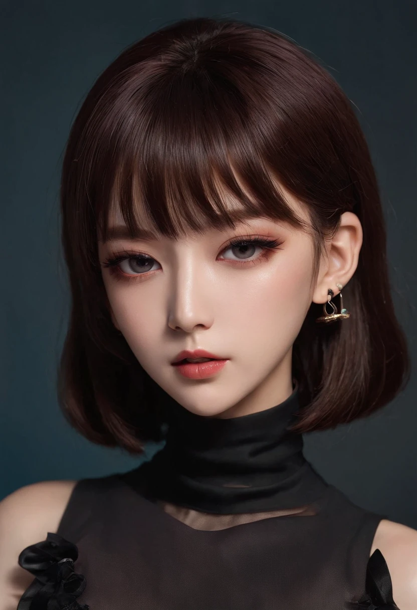 xxmixgirl,Woman in black poses for photo, "uwu prism man, Kpop style colors, Shoot at night with studio lights, Neck chain, Inspired by Wang Yuanqi, Brown hair with bang, , Streaming on Twitch, Plastic Doll, Lisa, Charming female Digimon