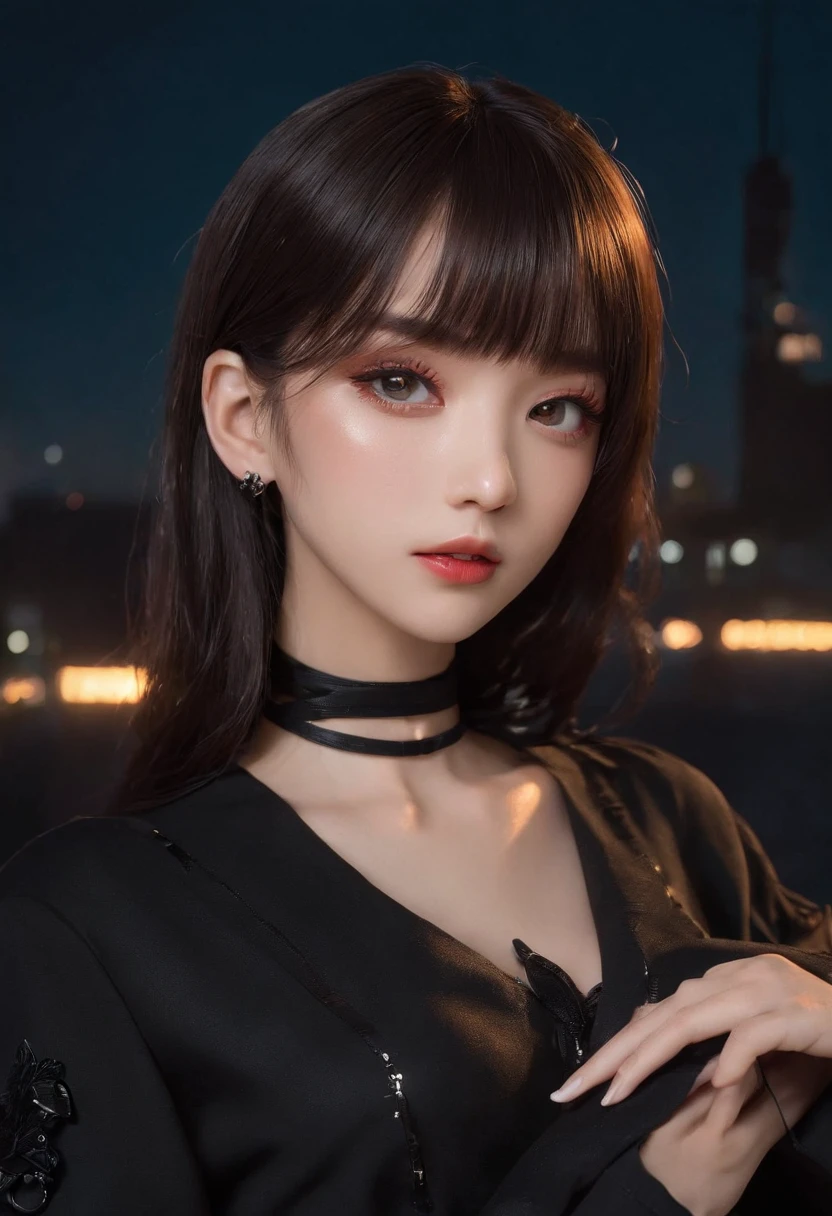 xxmixgirl,Woman in black poses for photo, "uwu prism man, Kpop style colors, Shoot at night with studio lights, Neck chain, Inspired by Wang Yuanqi, Brown hair with bang, , Streaming on Twitch, Plastic Doll, Lisa, Charming female Digimon