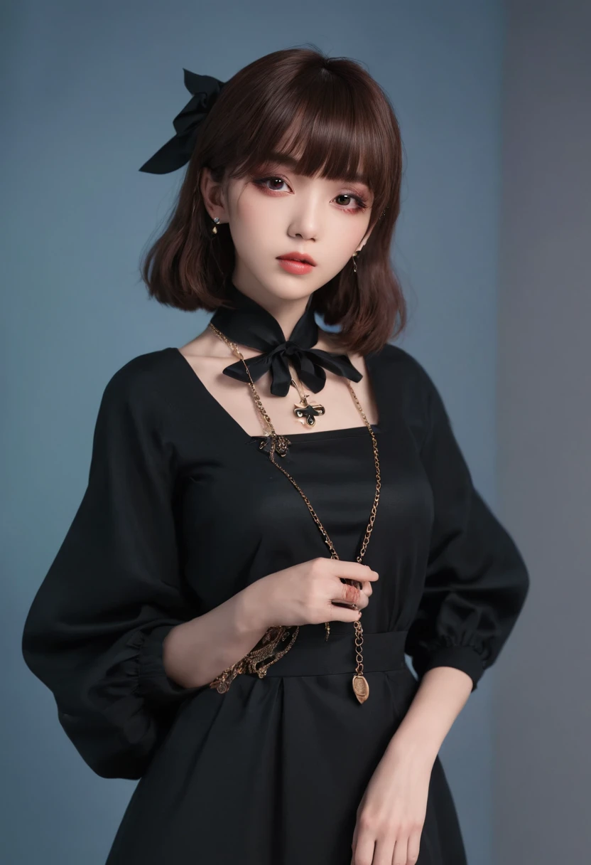 xxmixgirl,Woman in black poses for photo, "uwu prism man, Kpop style colors, Shoot at night with studio lights, Neck chain, Inspired by Wang Yuanqi, Brown hair with bang, , Streaming on Twitch, Plastic Doll, Lisa, Charming female Digimon