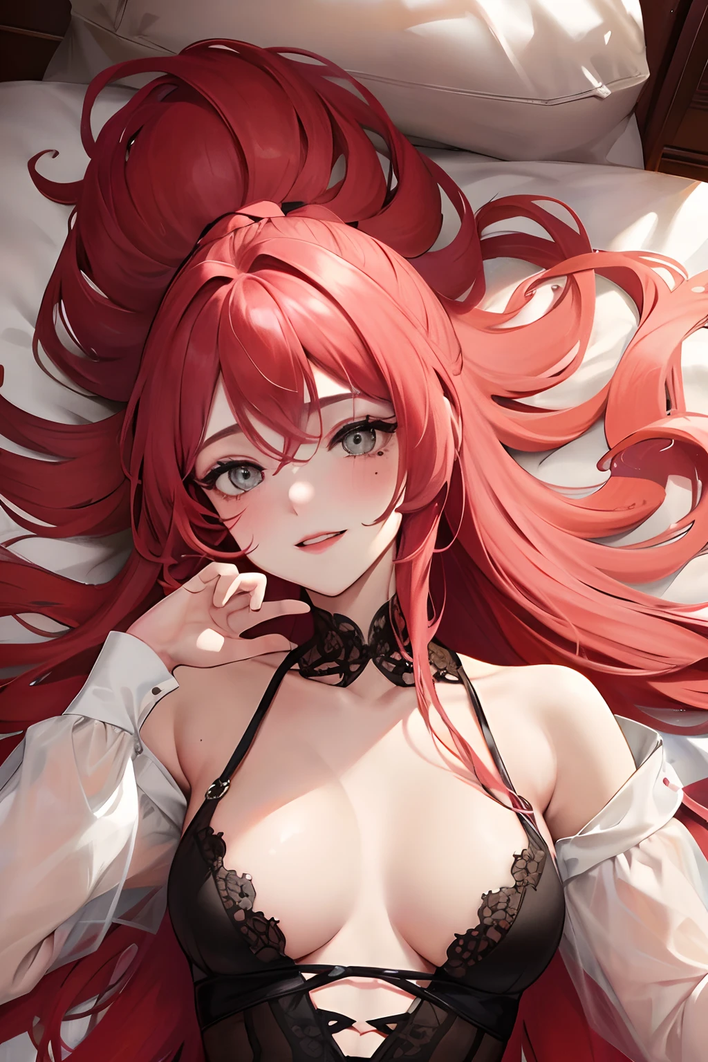 Red long hair, Grey eyes, indoor room,Lying on a bed sprinkled with rose petals, from above, splendid, rich, blush, Smile, Tolerable, Masterpiece, Best Quality, high resolucion;,detail enhancement,best qualtiy,perfect image quality,Visible breasts, nipplestits, Beautiful and sexy, One-person viewpoint, Small moles under the eyes , prety, large full breasts, s whole body, perfect hand,