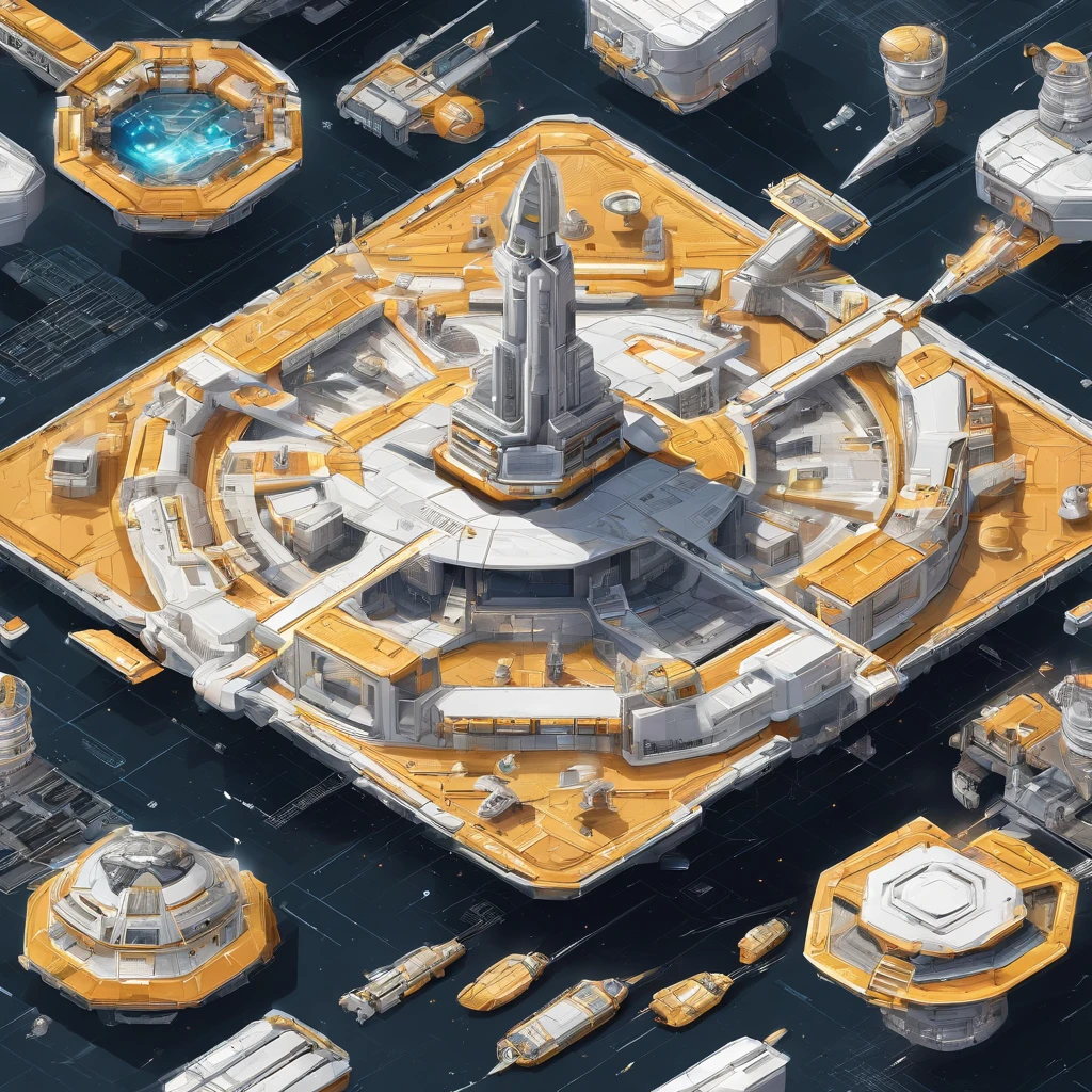 Condénis freighter spacecraft, 50m promise, dong, golds, blanche, metal. Futuristic battleship background flying through space in futuristic shape