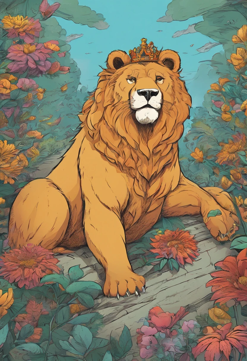 desenho de um urso que tem poderes especiais e uma cicatriz em seu peito, And who's got a crown and a lion on his head, bonito e que as criancas gostem