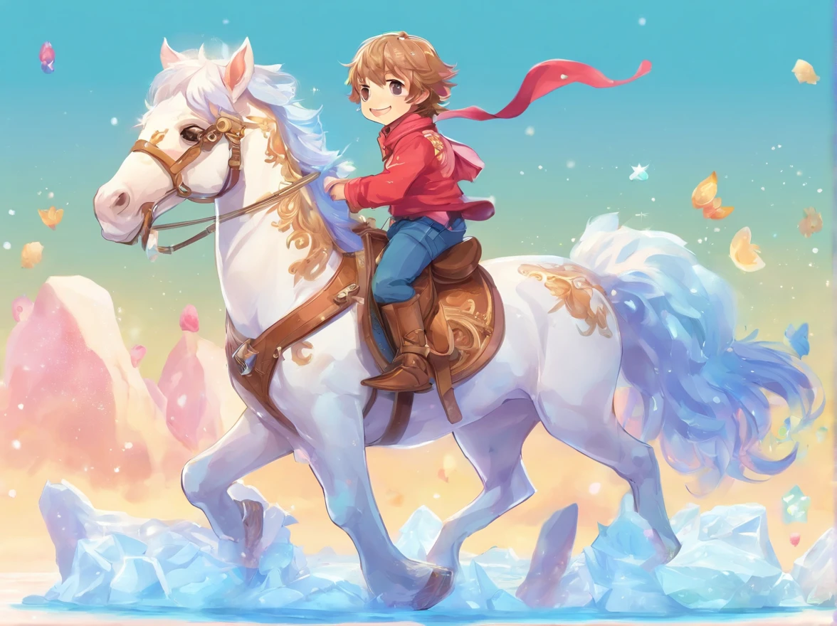 Sea of ice,A boy with,Riding a horse,Horses made of stone,Stone horse,Walk on it,chilly,icing