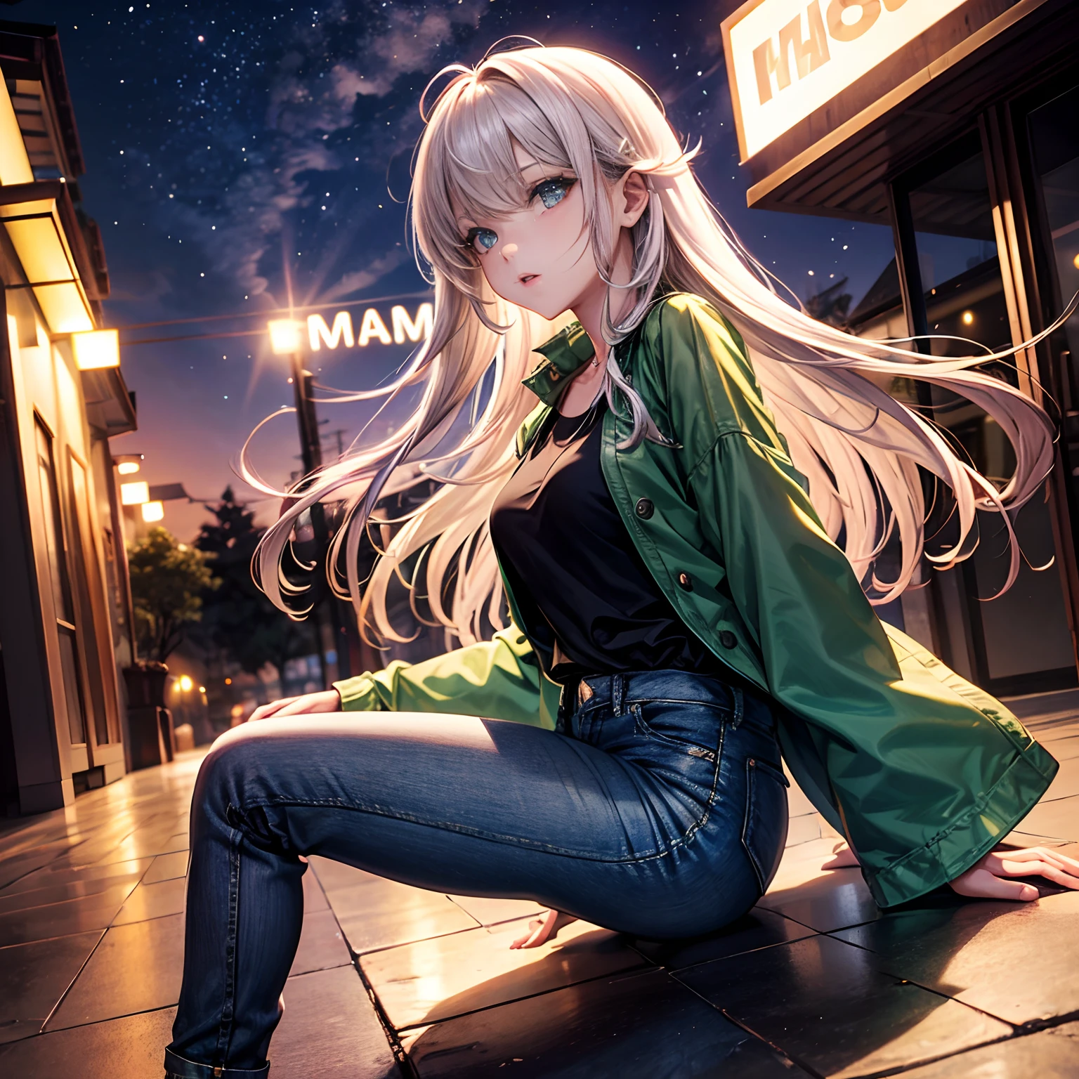 Estilo anime, uma linda mulher sozinha, cabelo longo preto, Shimmering green irises, Wearing a denim jumpsuit with a white long-sleeved shirt, em uma cidade, de noite, luzes acesas, Ultra Detalhado, perfect  lighting
