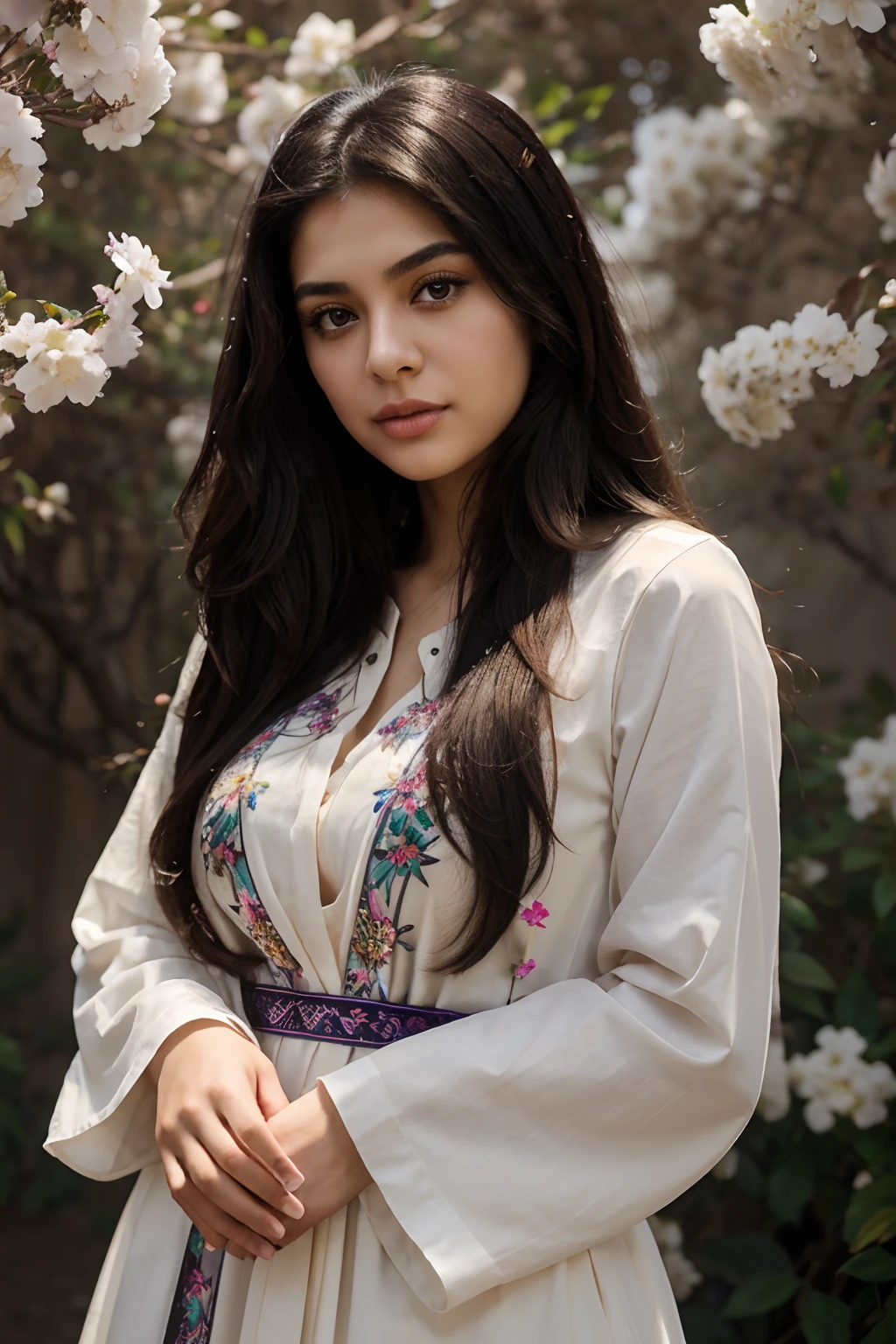 a 22-year-old Persian girl with big brown eyes and long black haira colorful Persian dress with a misty background and white jasmine flowers and purple trees
