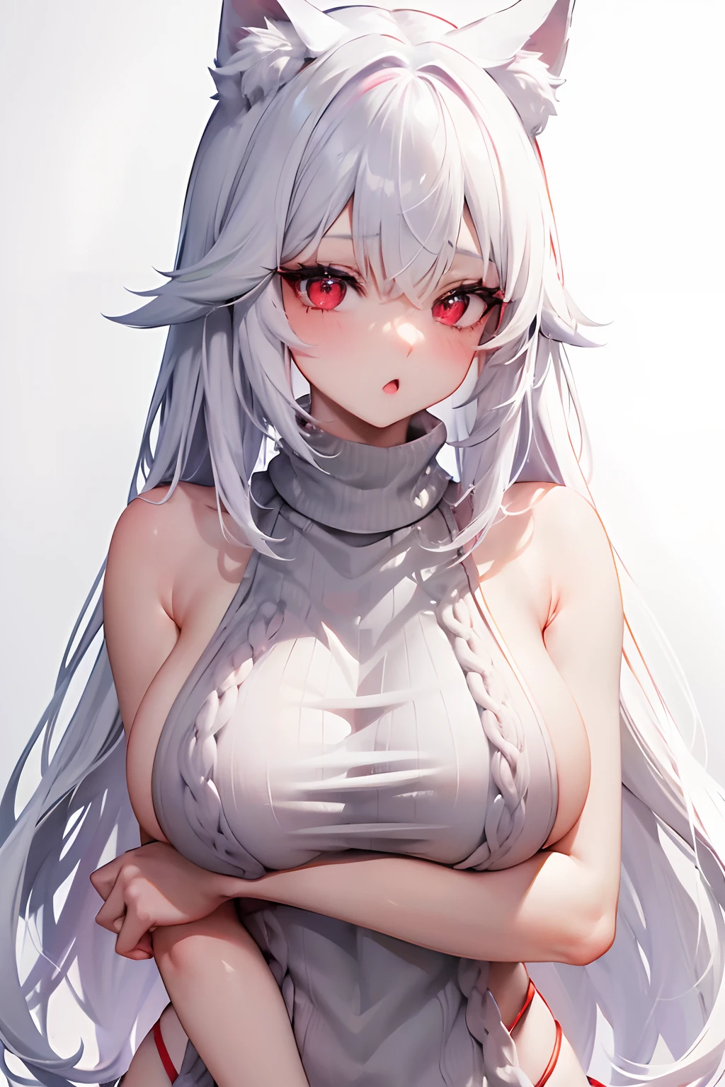 virgin killer sweater, 1girl, breasts, solo, meme attire, long hair, :o, blush, looking at viewer, white background, simple background, red eyes, white hair, wolf ears, hair, dress, grey sweater, open mouth, bangs, large breasts, massive breast, mature female, mole under eyes, bare shoulders,