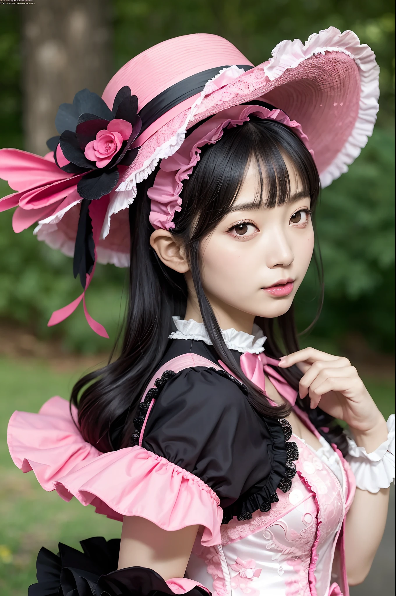 Alafe in pink and black dress and hat, Takanobu Fujiwara(Takanobu Fujiwara)Digital rendering inspired by, pixiv, rokoko, Victoria Gothic ta Fashion, Lolityle, rococo queen (rococo queen) , rococo dress, Lolita Fon, Onepiece,lingerie