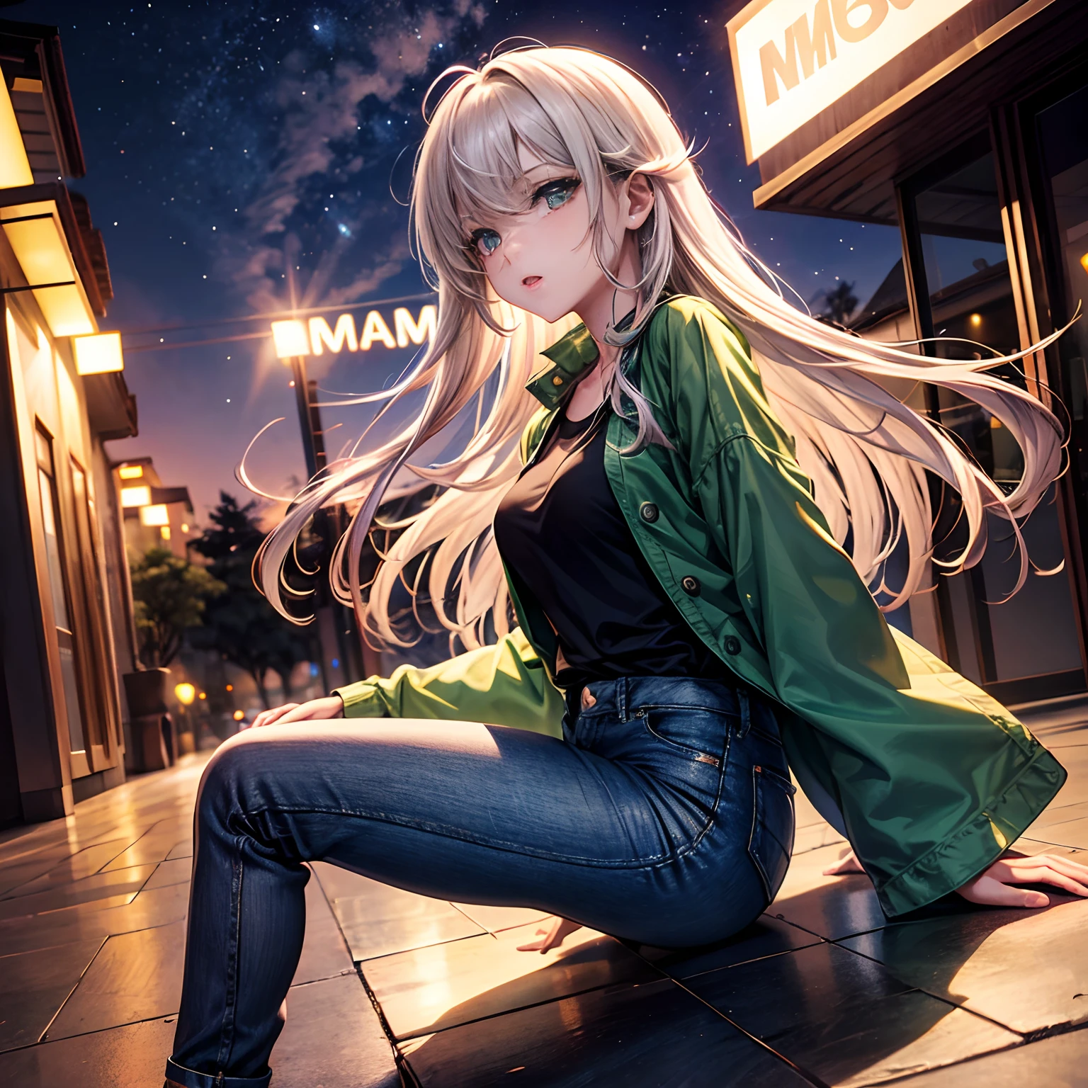 Estilo anime, uma linda mulher sozinha, cabelo longo preto, Shimmering green irises, Wearing a denim jumpsuit with a white long-sleeved shirt, em uma cidade, de noite, luzes acesas, Ultra Detalhado, perfect  lighting