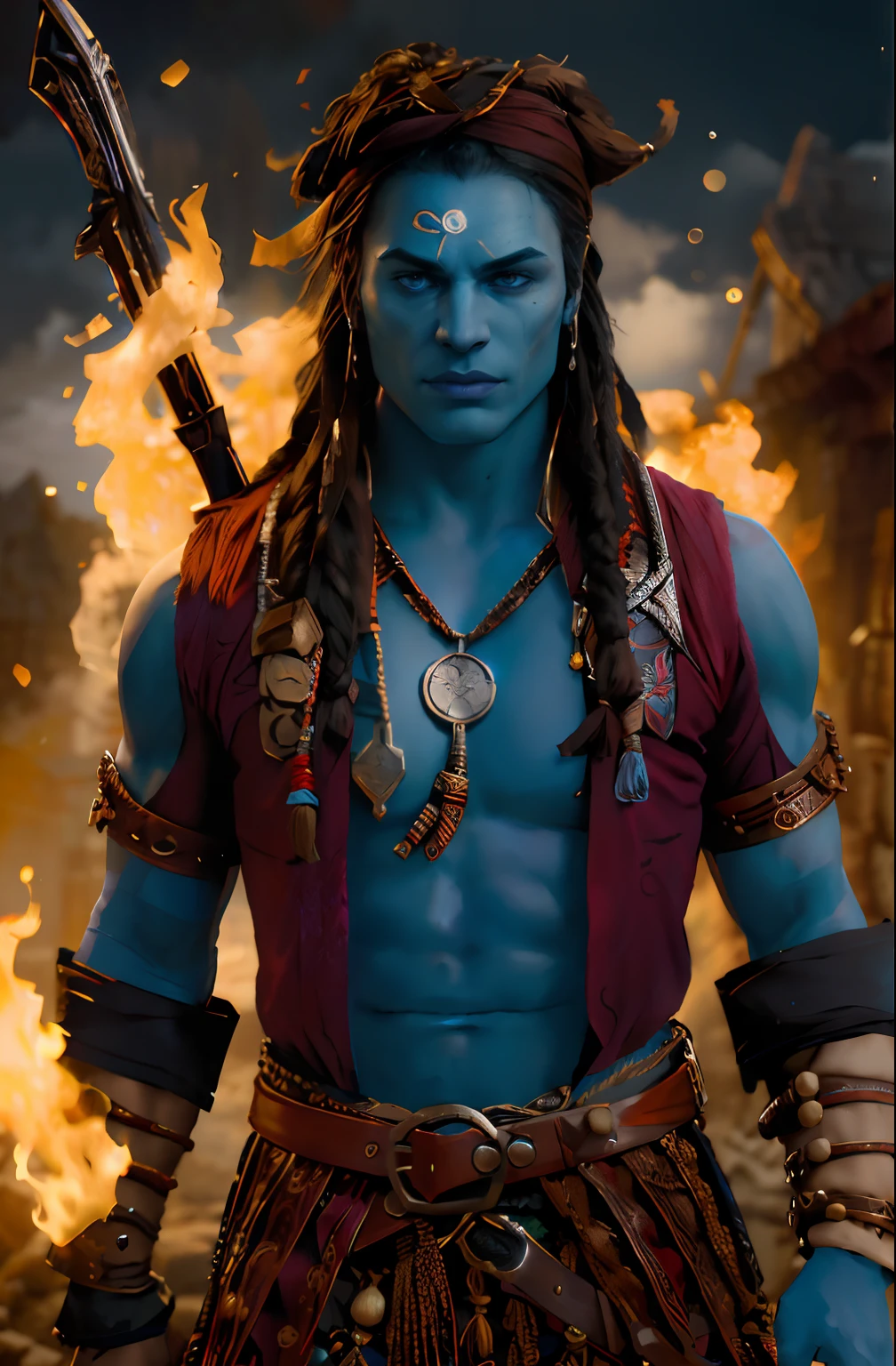 fantasy, Muscular Man with Sword Behind His Back, blue skin and blue face, red vest, Leather Bracers, Compass around the neck, Dark Pirate Dreadlocks, dark tattoo on the face, highly detailed vfx portrait of, dark fantasy mixed with realism, Photos in RAW and 35mm format, Rich, Deep Colours, (intricate details:0.9), (HDR, hyper-detailing:1.2), (natural skin textures, hyper realisitc, soft light, Sharp),