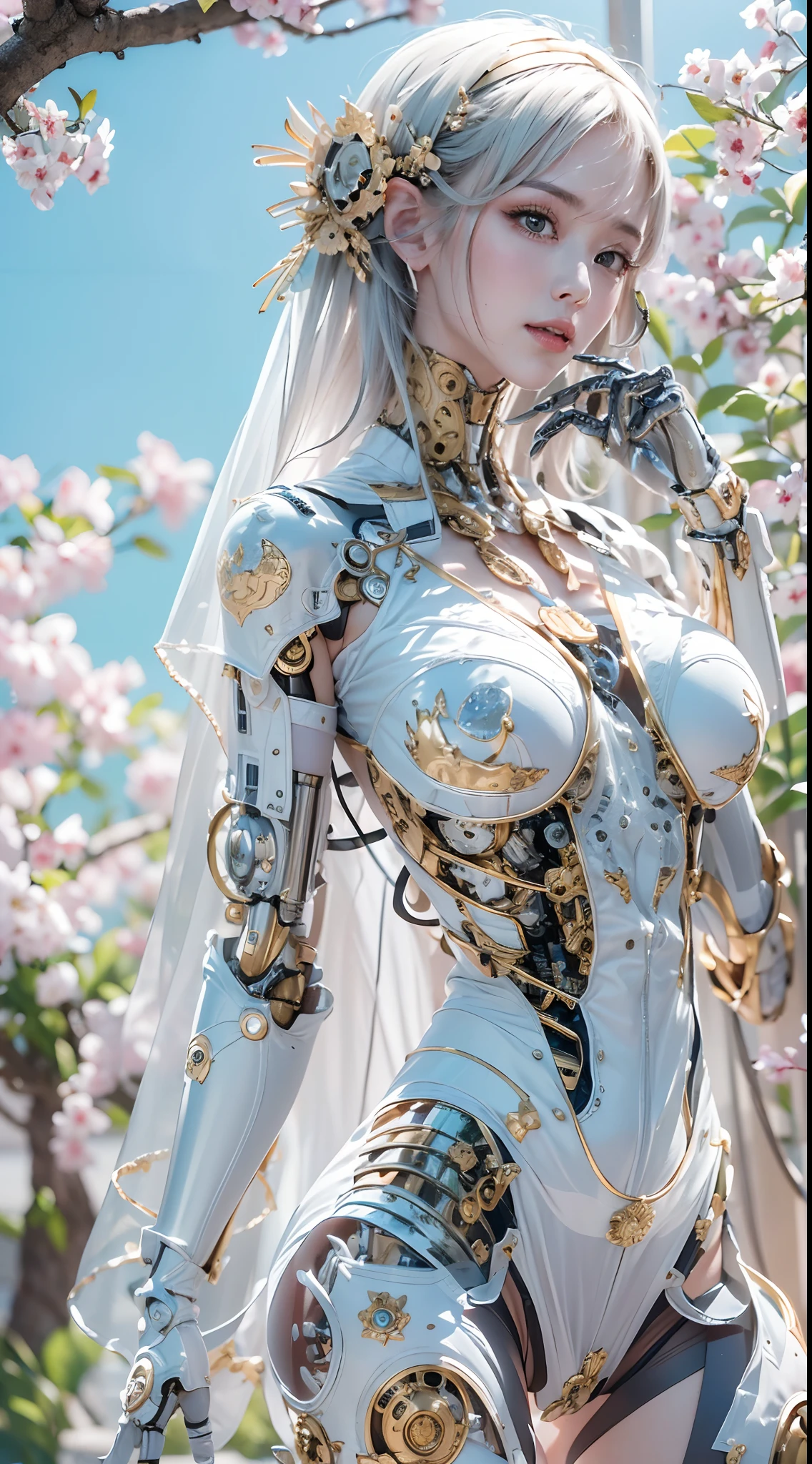 (high resolucion, 4k, Masterpiece:1.2),((Ultra-detailed:1.2)),(realisitic,Realistis:1.37),Girl robot married in Japan,Bridal dress,mechanical limb,Mechanical trunk,Made of shiny white and silver translucent glass and plastic, Delicate lace dresses, Joyful expressions, , vibrant colours, cherry blossom background, Bright sunlight, highly intricate details, Female elves, Beautiful waist, navels, big size ass, Exposed metal skeleton, 1 Cyborg Girl, Detailed hydraulic cylinders from Sumer, Raw skin is exposed to the valley、large full breasts, (random pose、dynamicposes,:1.2)