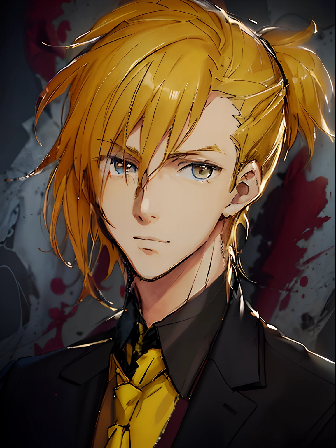 Painting of a man in a tie and tie, male anime character, Cartoon portrait, Anime handsome man, Long blonde hair,Yellow suit,black necktie