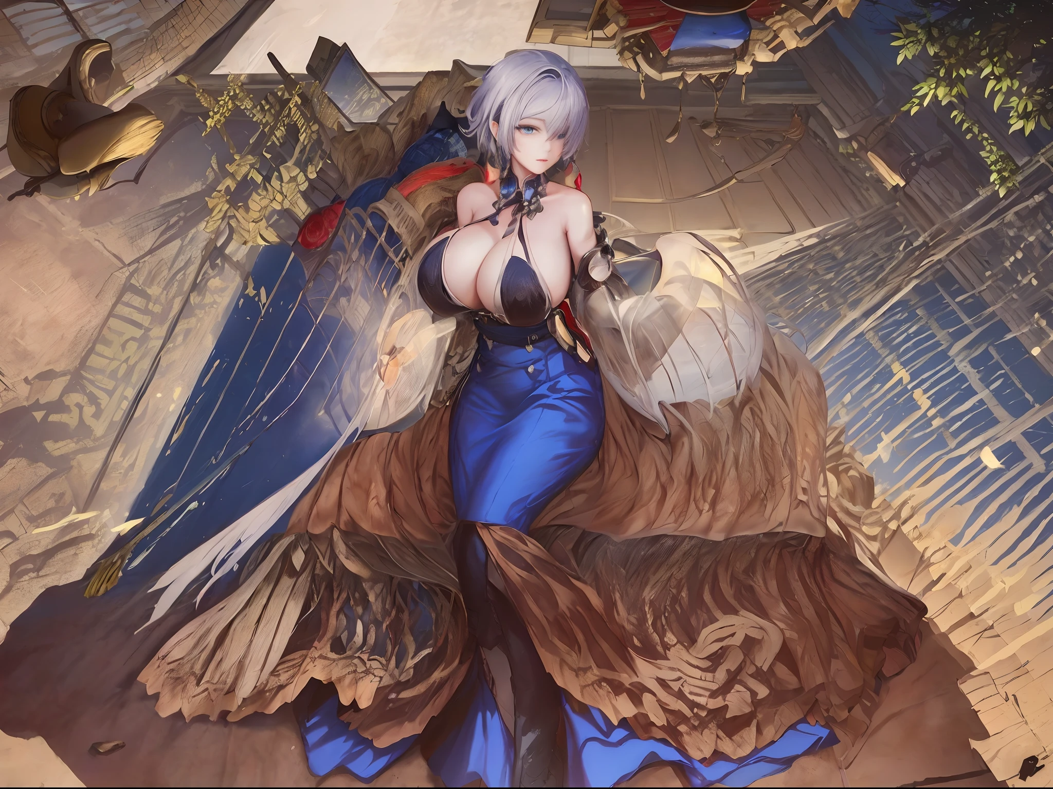 Best Quality,4K,hight resolution, CGSetsoty Trends, Fantasy art, beautiful character painting, ((8K, ​masterpiece, read a book, sunlights, black tea, The table, Thin and transparent, Luxurious decoration, Room with window, the sofa)), guweiz, epic exquisite character art, Stunning character art, Beautuful Women, (((Tight long skirt, Slit skirts, One lady, Hair over one eye, Outer silver hair, Blue hair inside,​masterpiece, top-quality, huge long )))
