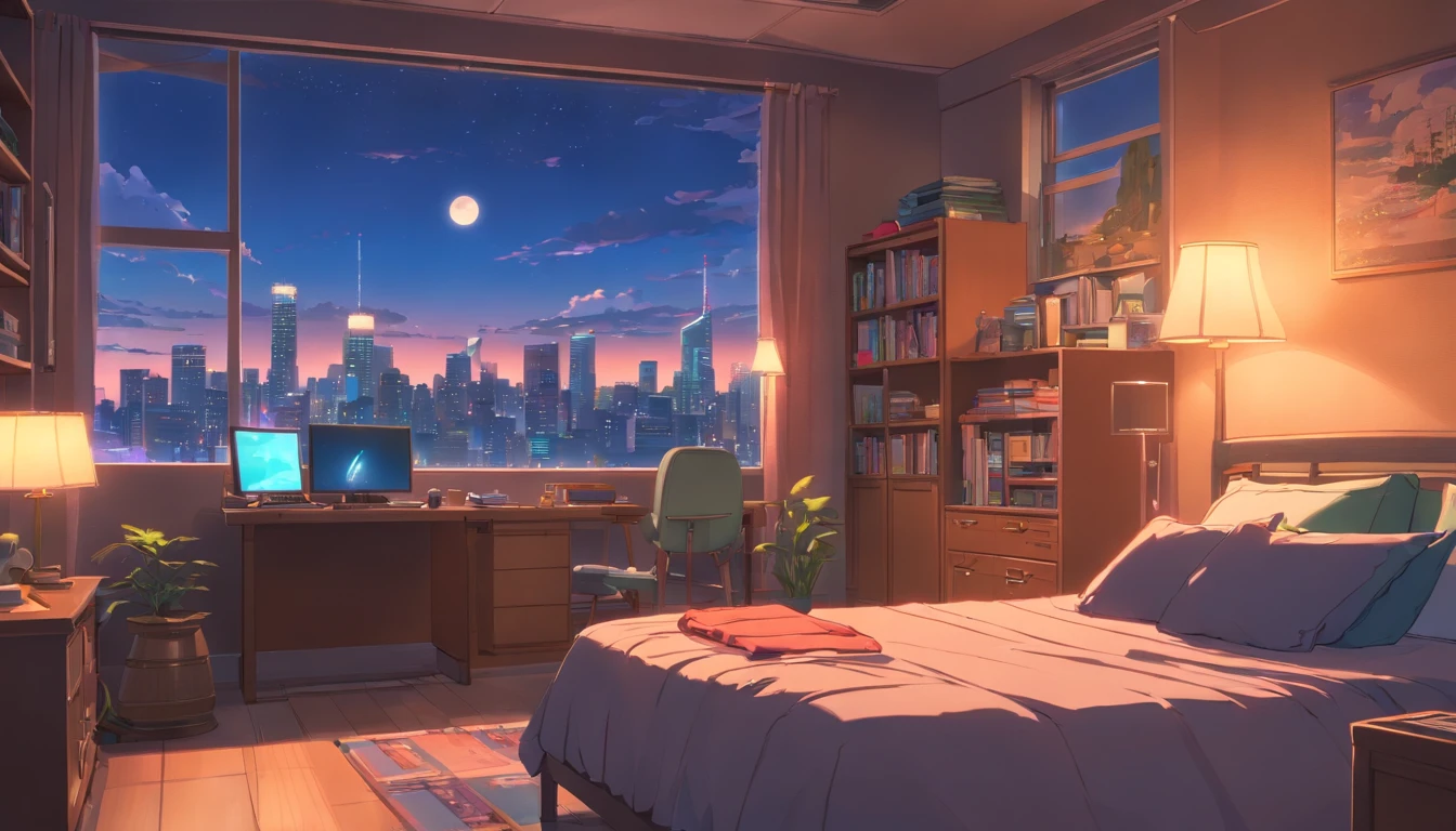 3d animation cinematic still of a cozy room, big windows with city view at night, crested moon, melancholic, sad vibes, bed is unmade, computer desk, cluttered with the mismatched furniture, The otaku style posters on the walls and the guitar in the corner,in style of Pixar, Disney, vaporwave
